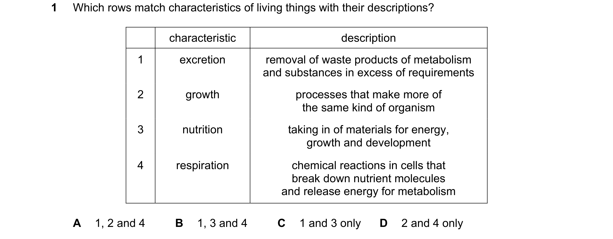 Question 40: Which rows match characteristics of living things with their descriptions? characteristic description 1 excretion removal of waste products…
