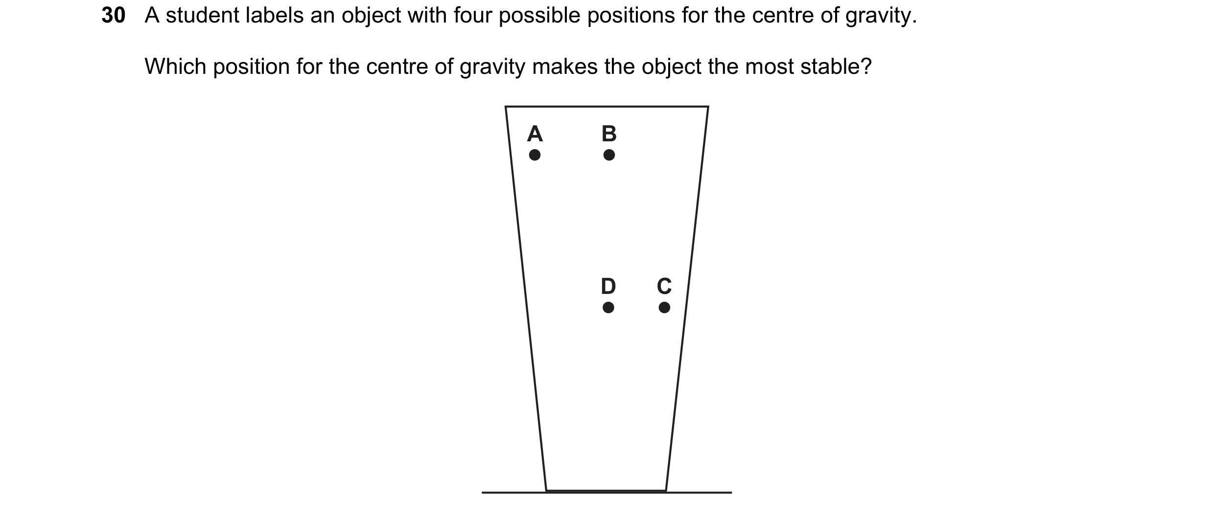 Question 57: A student labels an object with four possible positions for the centre of gravity. Which position for the centre of gravity makes the objec…