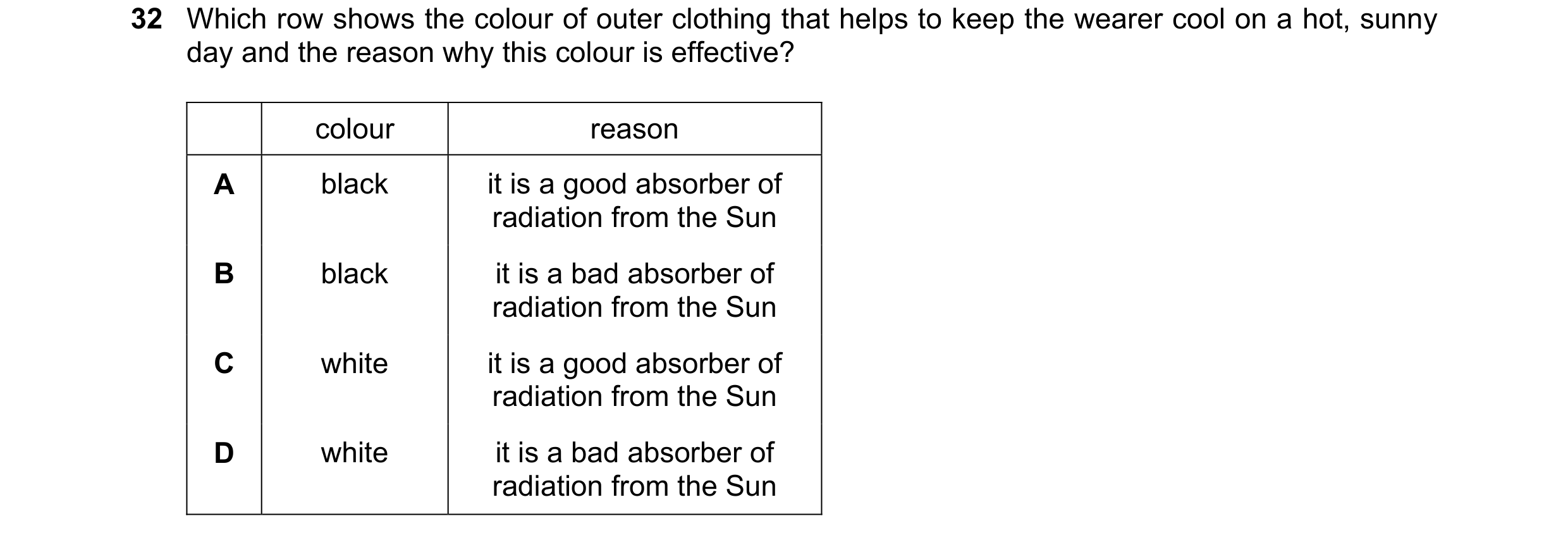 Question 44: Which row shows the colour of outer clothing that helps to keep the wearer cool on a hot, sunny day and the reason why this colour is effec…