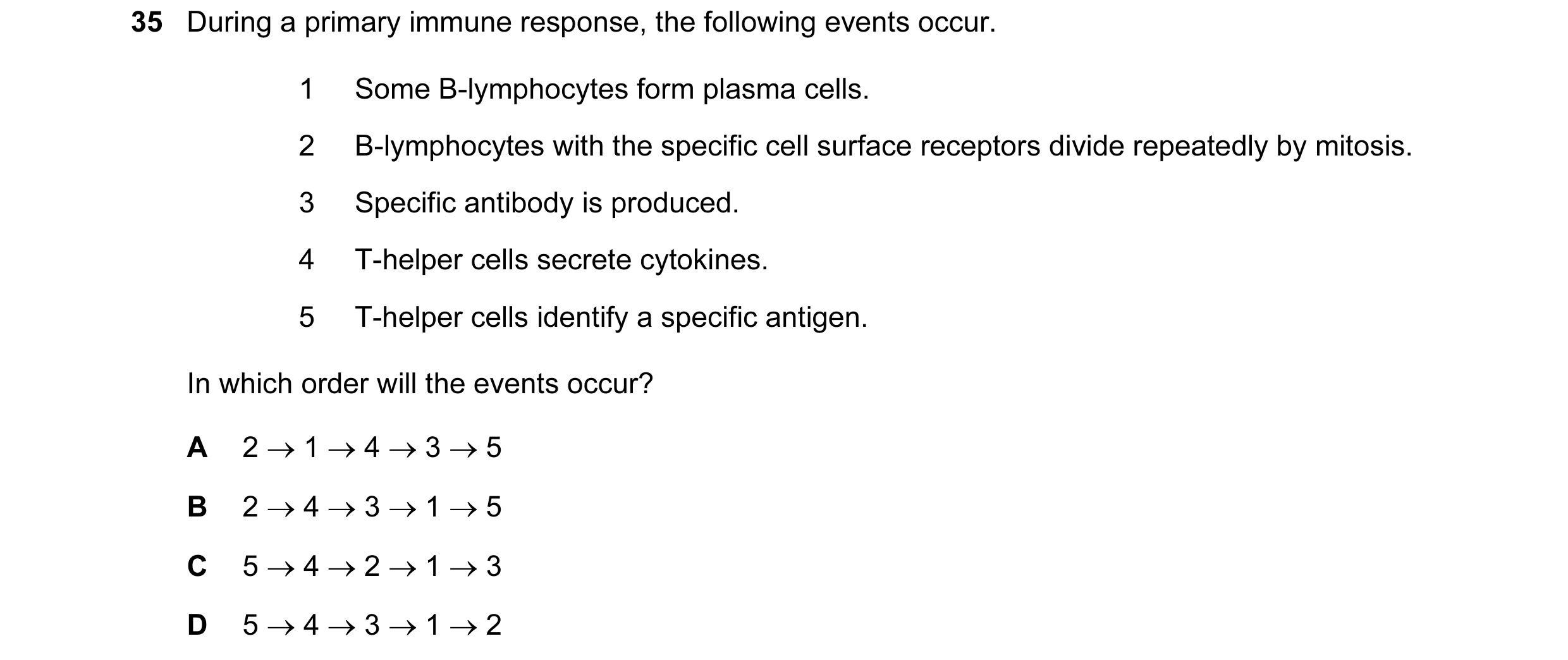 Question 40: During a primary immune response, the following events occur. 1 Some B-lymphocytes form plasma cells. 2 B-lymphocytes with the specific cel…