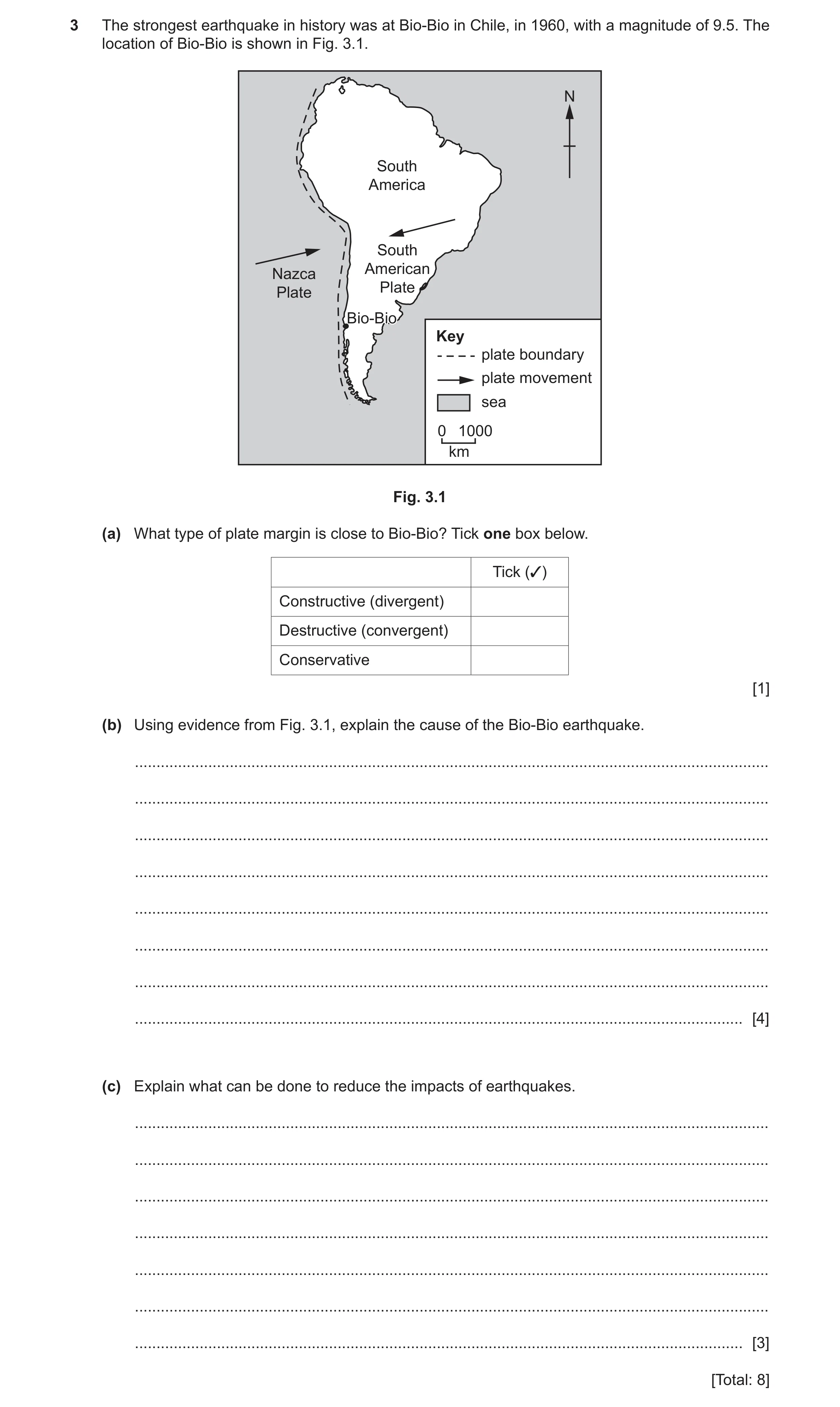 Question 13: The strongest earthquake in history was at Bio-Bio in Chile, in 1960, with a magnitude of 9.5. The location of Bio-Bio is shown in Fig. 3.1…