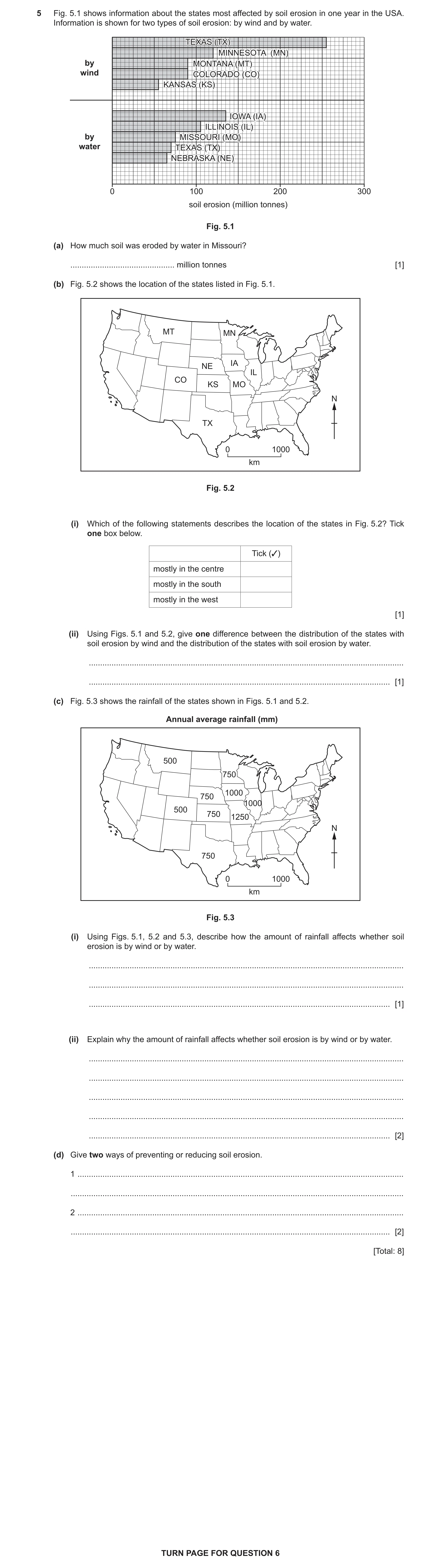 Question 13: Fig. 5.1 shows information about the states most affected by soil erosion in one year in the USA. Information is shown for two types of soi…