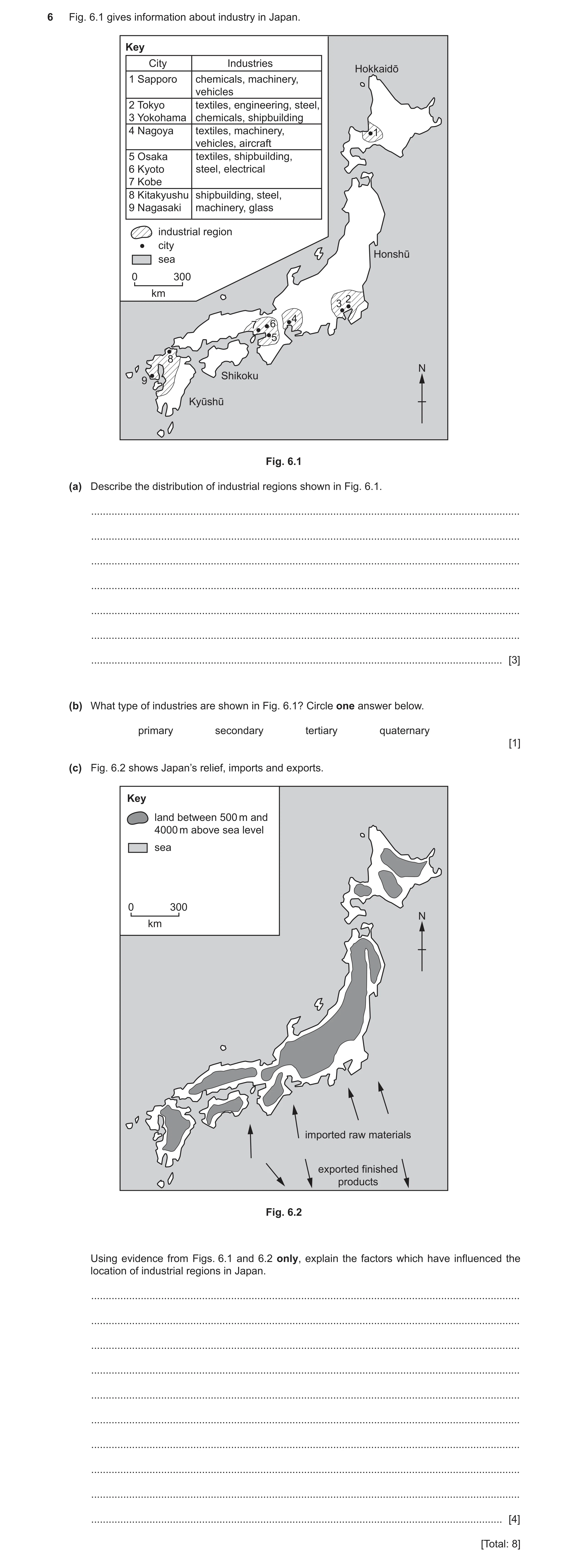 Question 9: Fig. 6.1 gives information about industry in Japan. Key City Industries Hokkaidō 1 Sapporo chemicals, machinery, vehicles 2 Tokyo textiles,…