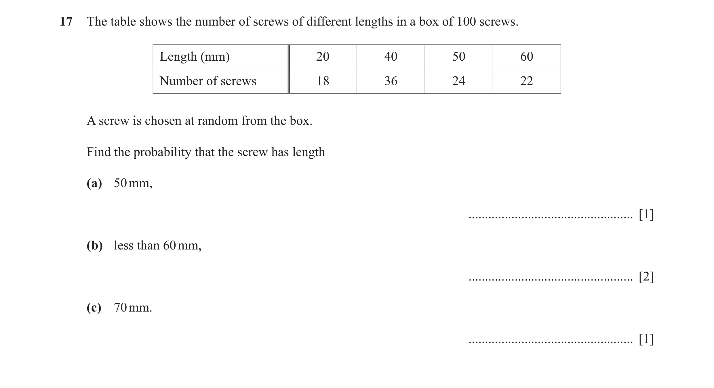 Question 27: The table shows the number of screws of different lengths in a box of 100 screws. Length (mm) 20 40 50 60 Number of screws 18 36 24 22 A sc…