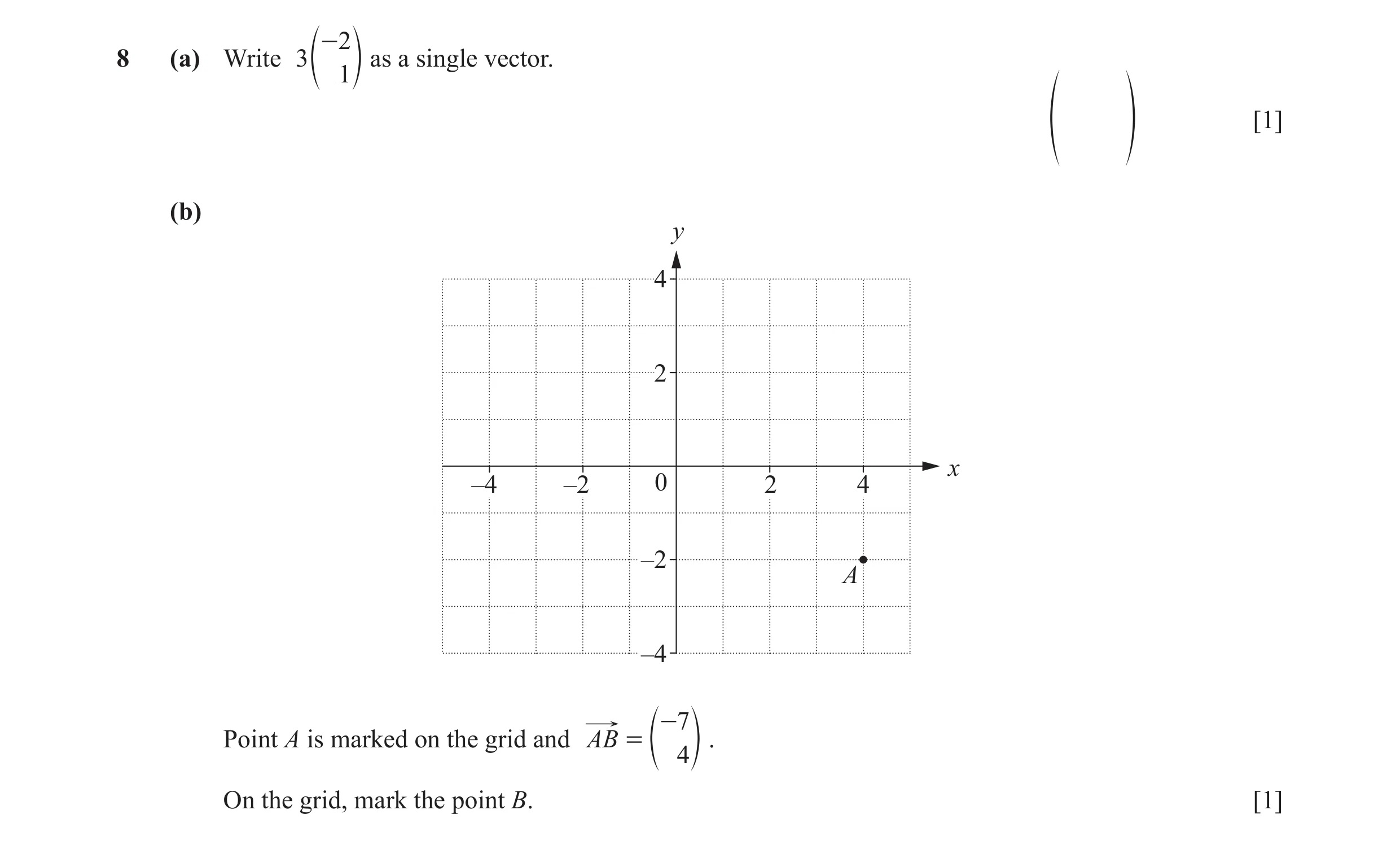 Question 36: -2 8 (a) Write 3 as a single vector. e 1 o [1] f p (b) y 4 2 x –4 –2 0 2 4 –2 A –4 -7 Point A is marked on the grid and AB = . e 4 o On the…