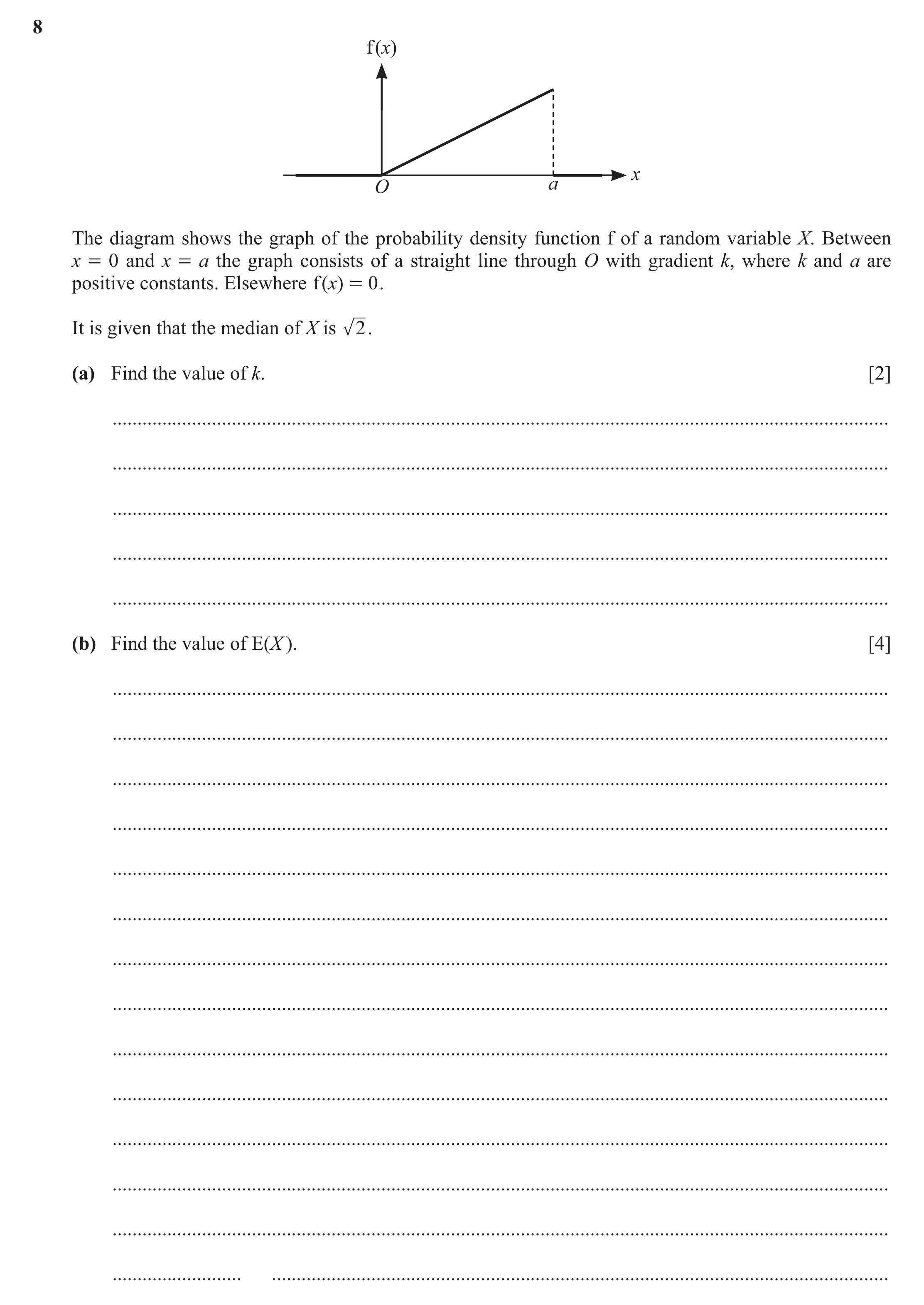Question 194: f ( )x x O a The diagram shows the graph of the probability density function f of a random variable X. Between x = 0 and x = a the graph co…