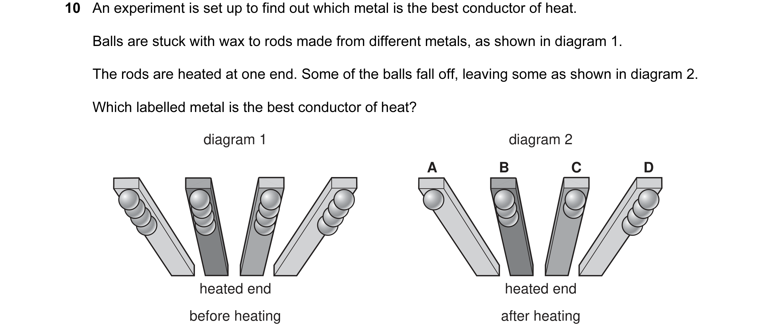 Question 33: An experiment is set up to find out which metal is the best conductor of heat. Balls are stuck with wax to rods made from different metals,…