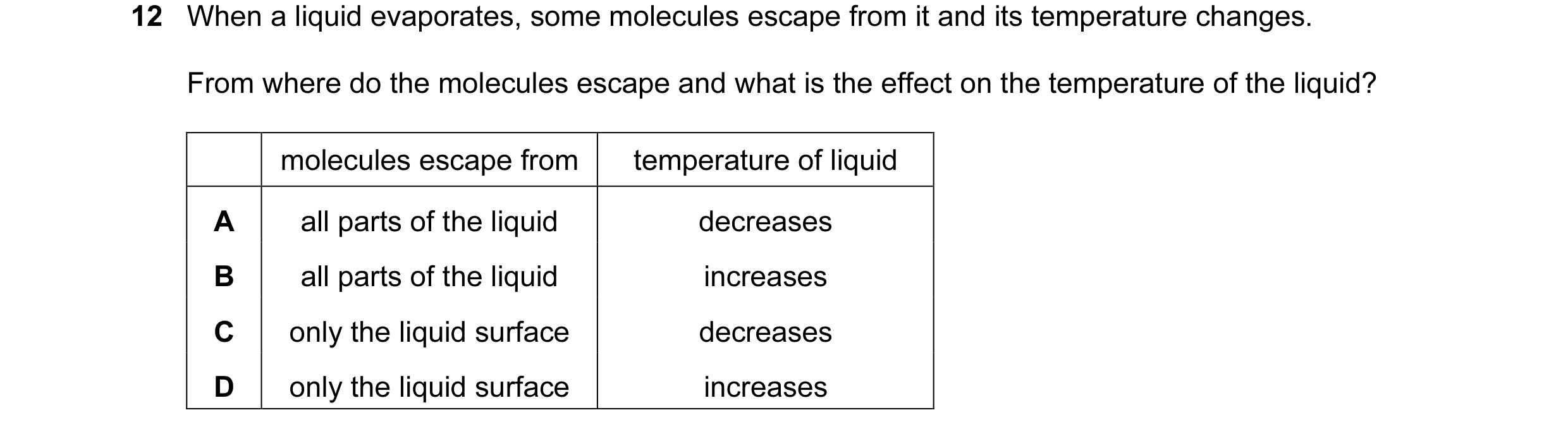 Question 41: When a liquid evaporates, some molecules escape from it and its temperature changes. From where do the molecules escape and what is the eff…