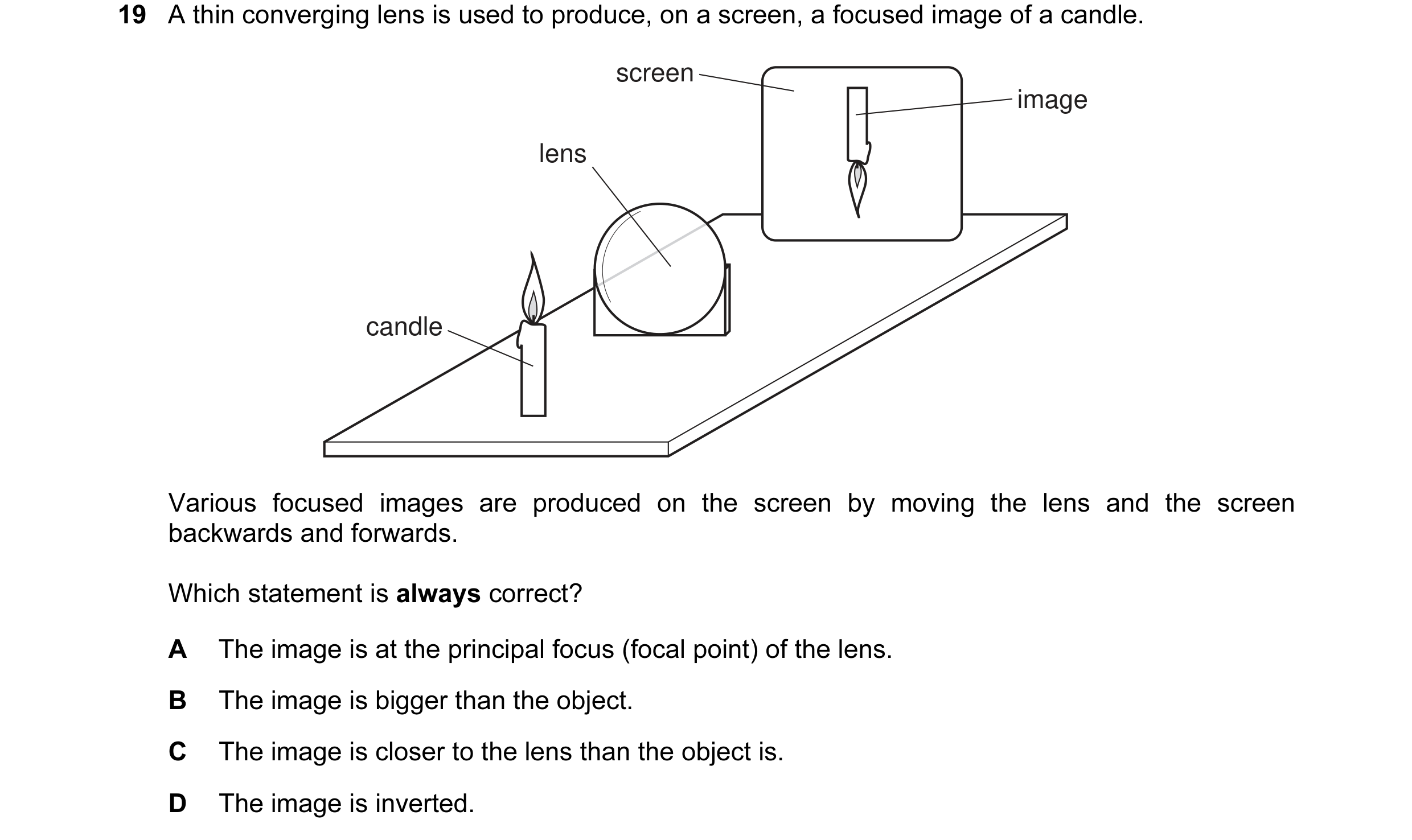 Question 36: A thin converging lens is used to produce, on a screen, a focused image of a candle. screen image lens candle Various focused images are pr…