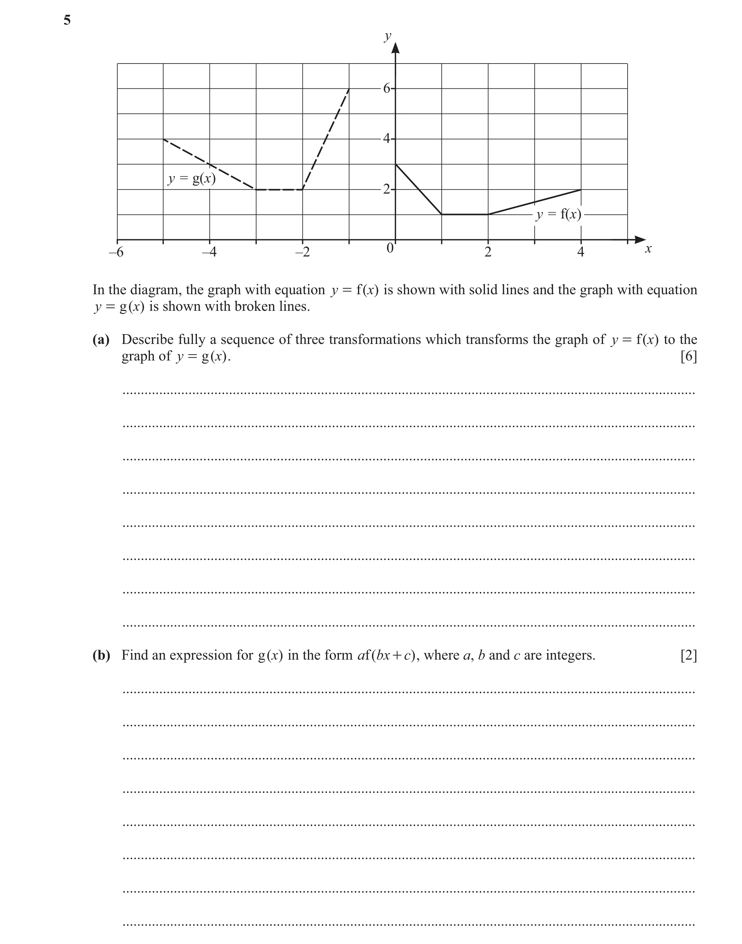Question 36: y 6 4 y = g(x) 2 y = f(x) 0 x –6 –4 –2 2 4 In the diagram, the graph with equation y = f ( x) is shown with solid lines and the graph with …