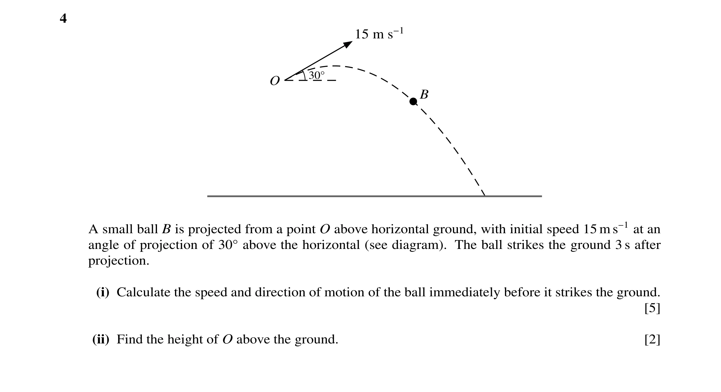 Question 106: 15 m s−1 O 30Å B A small ball B is projected from a point O above horizontal ground, with initial speed 15 m s−1 at an angle of projection …