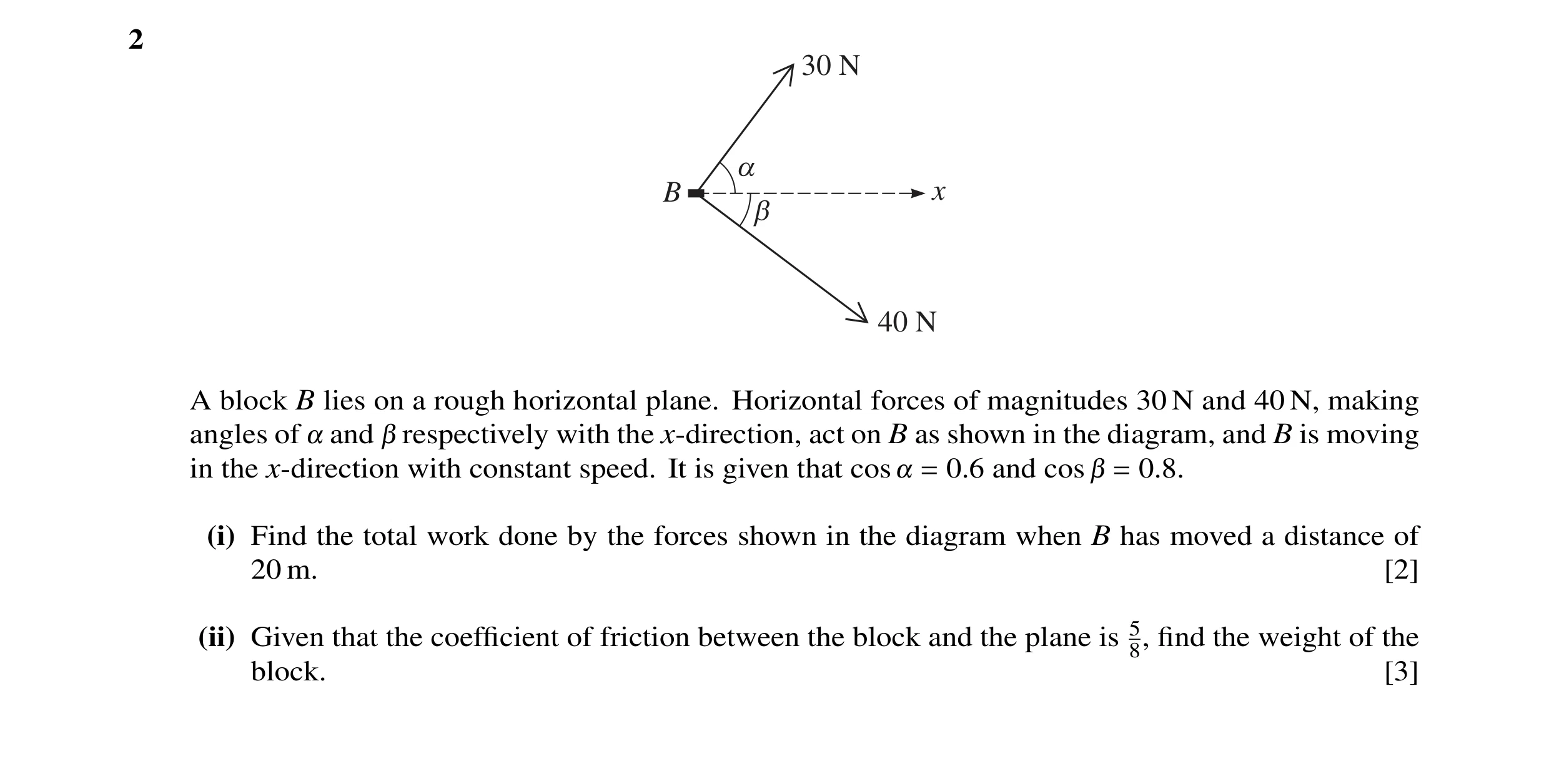 Question 65: 30 N a B x b 40 N A block B lies on a rough horizontal plane. Horizontal forces of magnitudes 30 N and 40 N, making angles of ! and " respe…