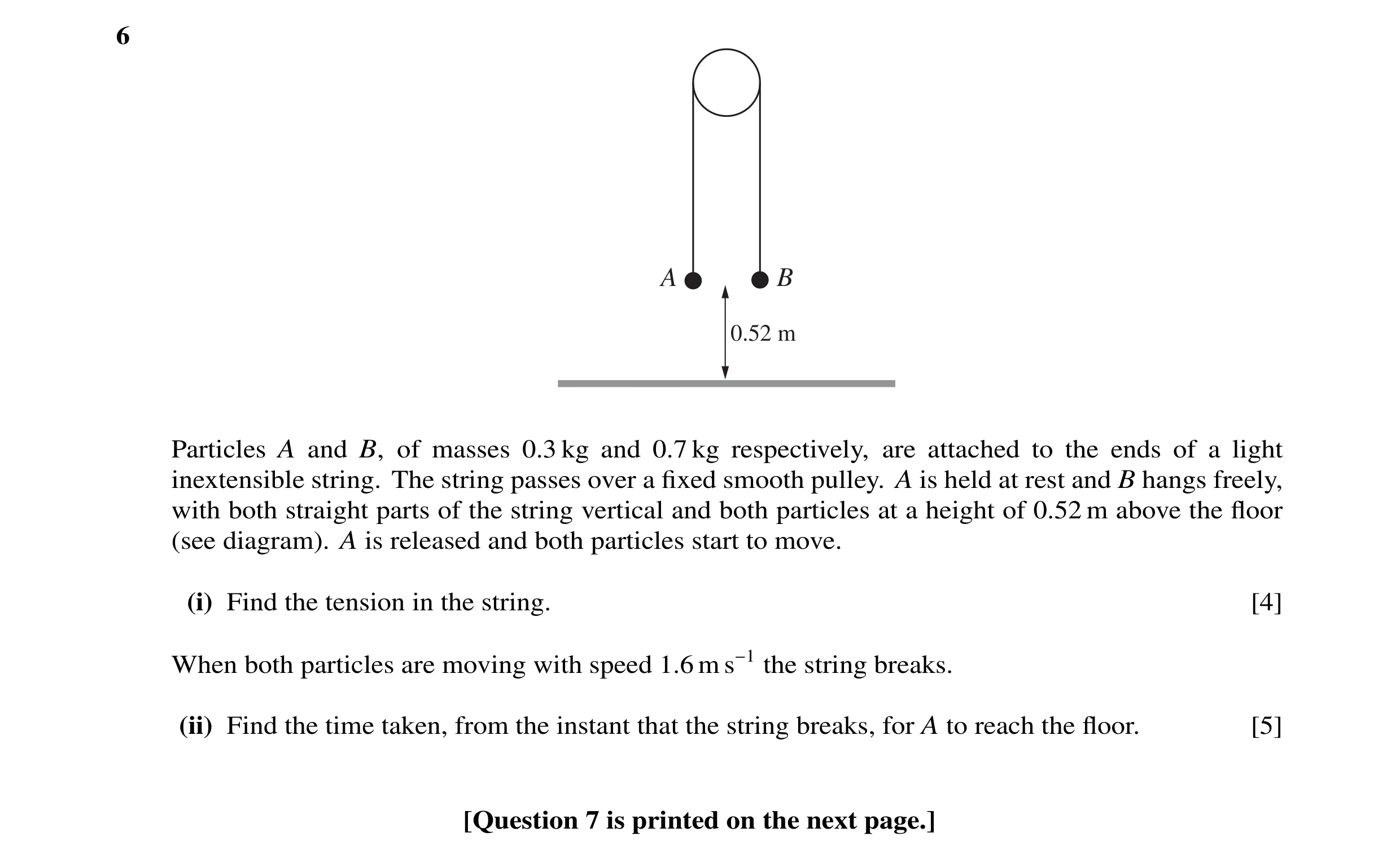 Question 110: A B 0.52 m Particles A and B, of masses 0.3 kg and 0.7 kg respectively, are attached to the ends of a light inextensible string. The string…