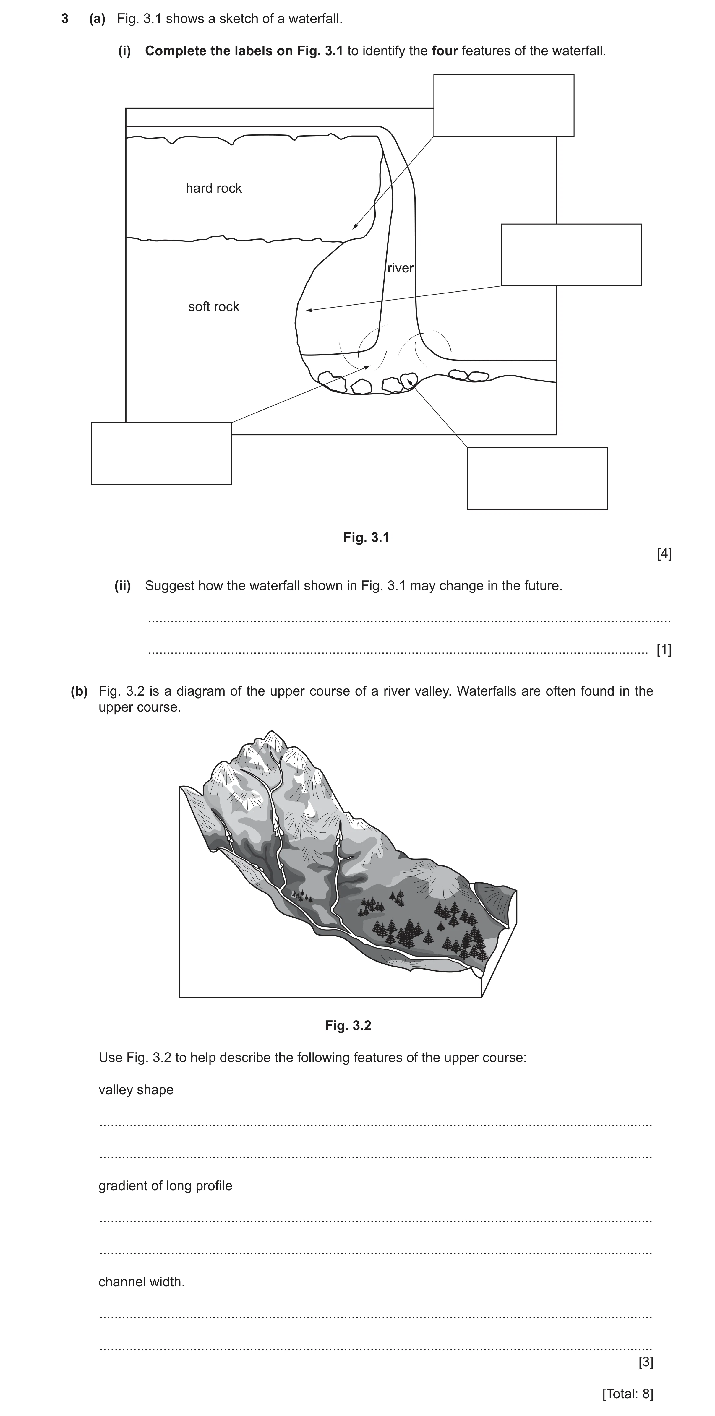 Question 58: (a) Fig. 3.1 shows a sketch of a waterfall. (i) Complete the labels on Fig. 3.1 to identify the four features of the waterfall. hard rock r…