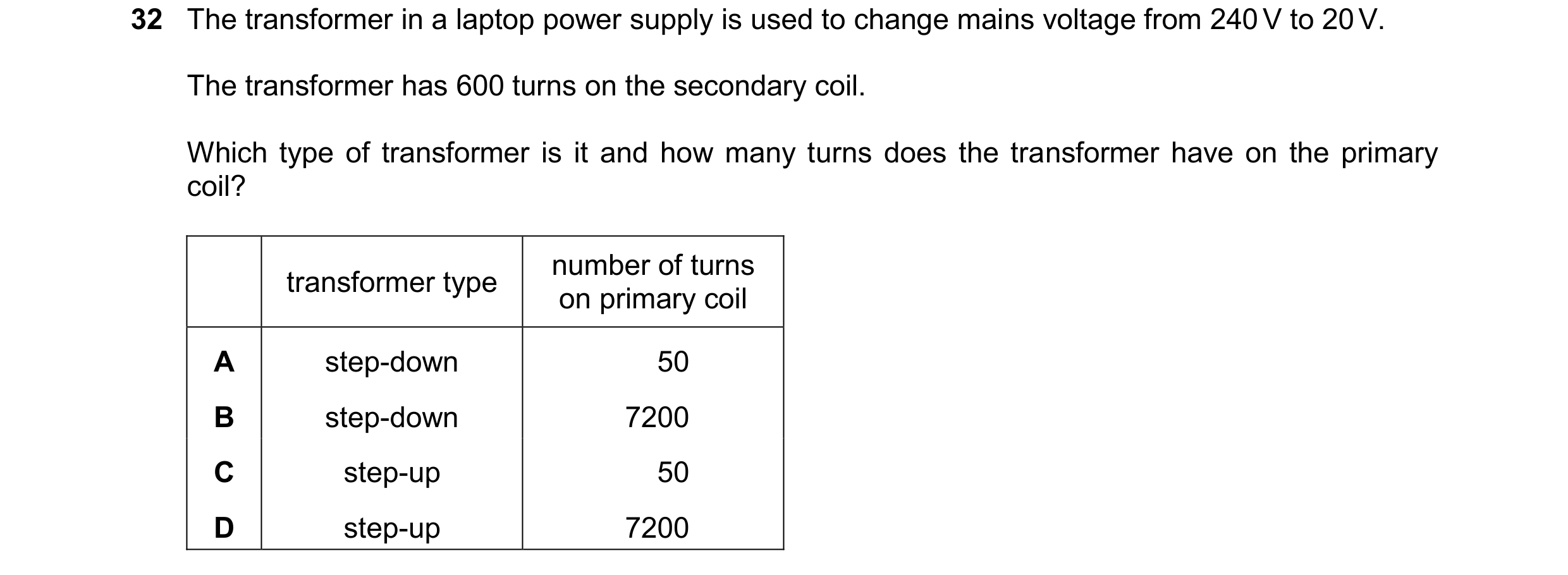 Question 46: The transformer in a laptop power supply is used to change mains voltage from 240 V to 20 V. The transformer has 600 turns on the secondary…