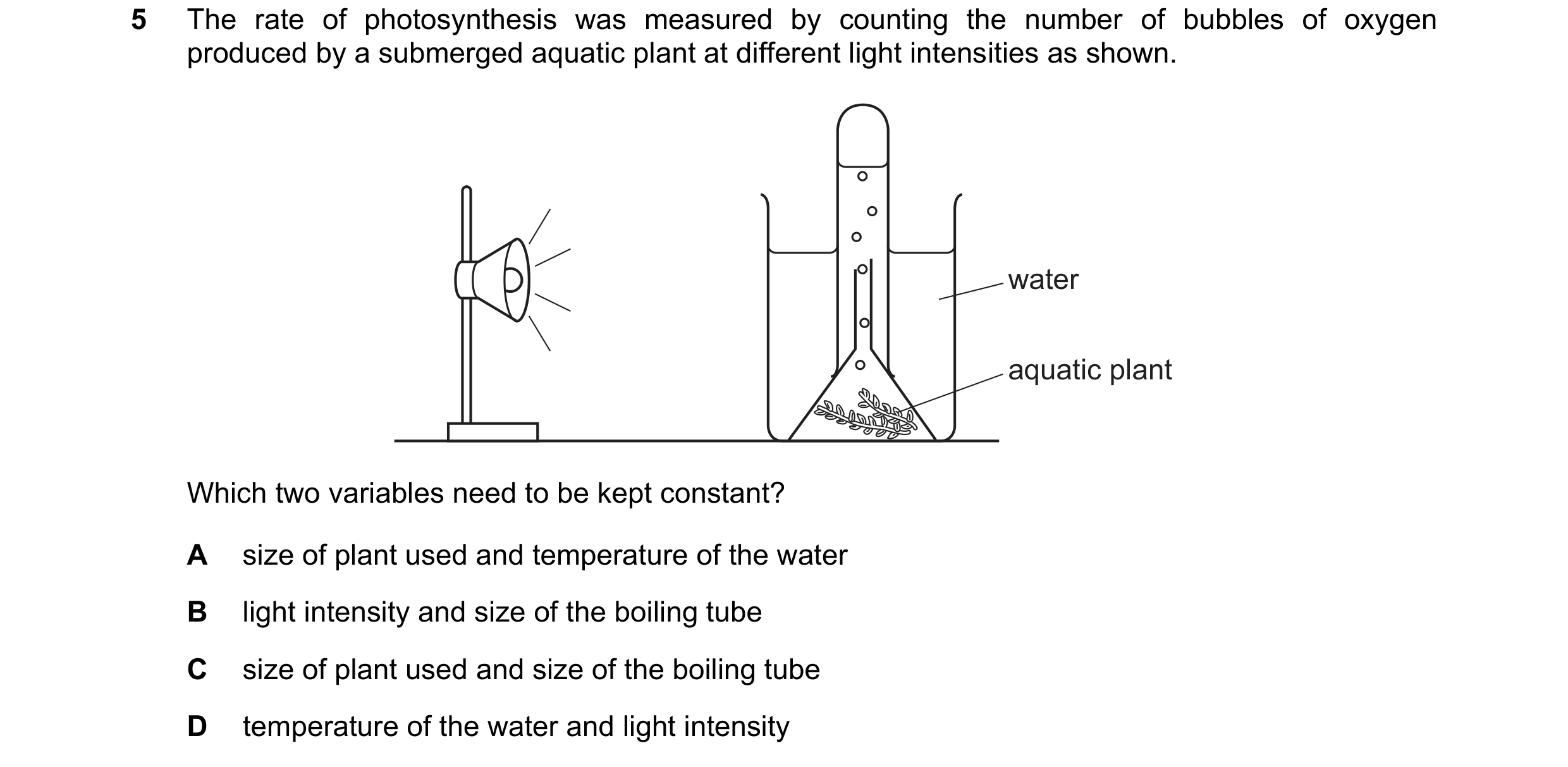 Question 48: The rate of photosynthesis was measured by counting the number of bubbles of oxygen produced by a submerged aquatic plant at different ligh…