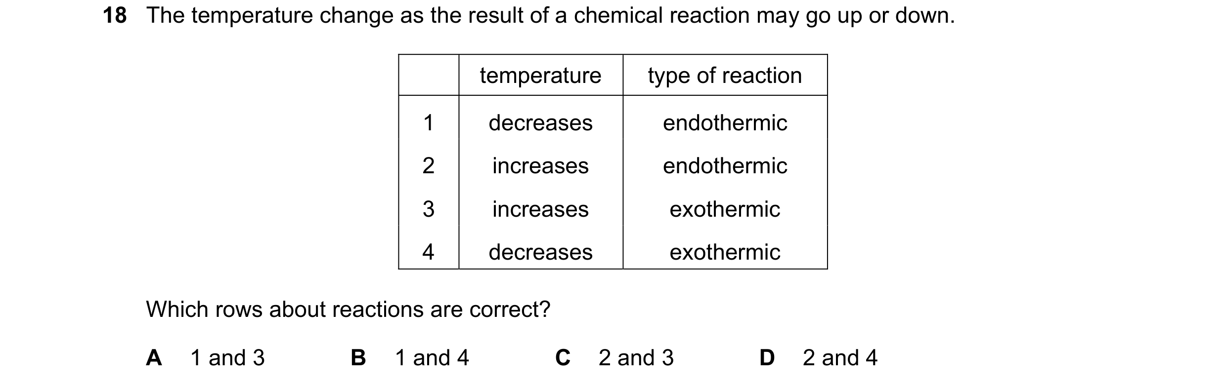 Question 77: The temperature change as the result of a chemical reaction may go up or down. temperature type of reaction 1 decreases endothermic 2 incre…