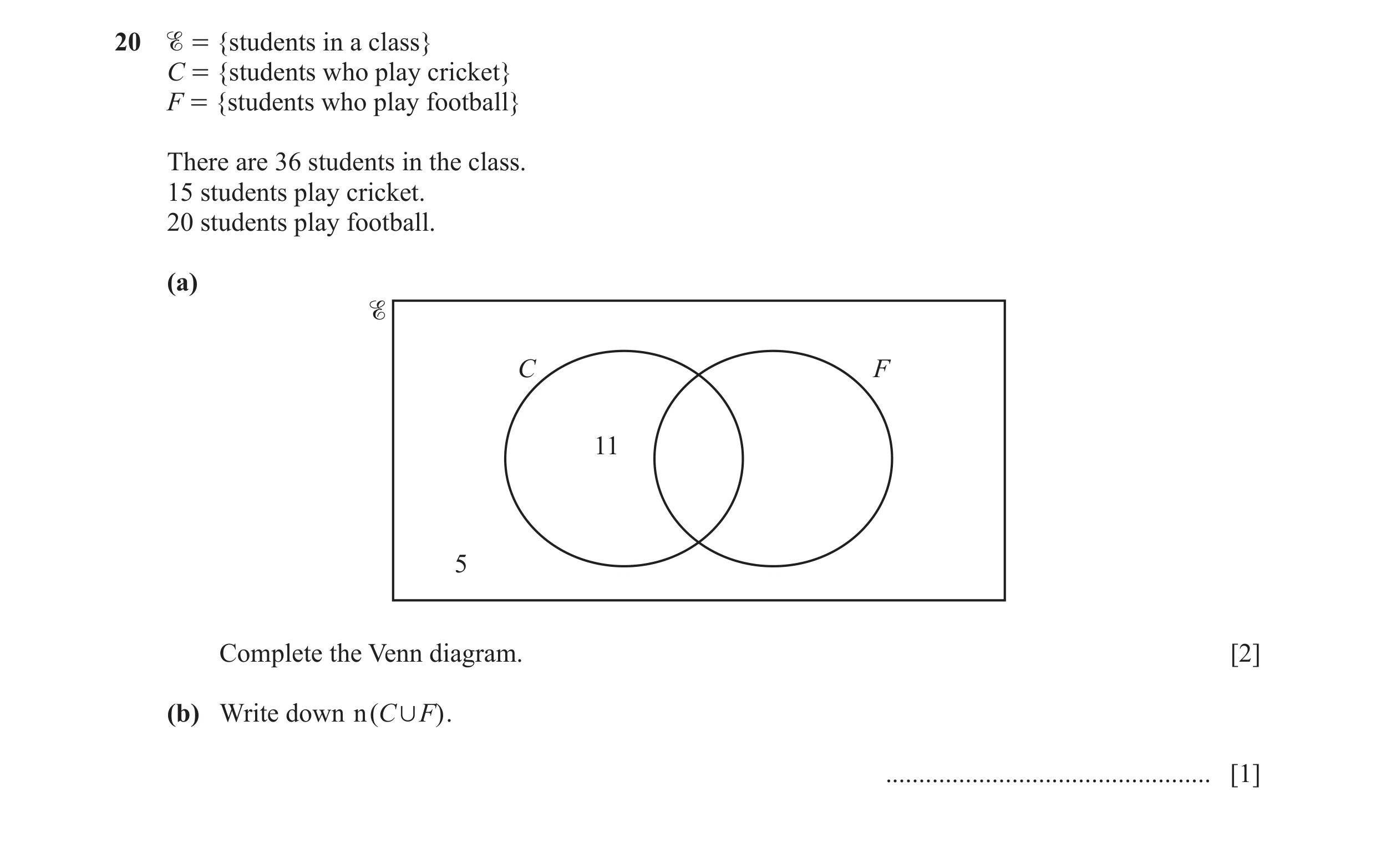 Question 10: = {students in a class} C = {students who play cricket} F = {students who play football} There are 36 students in the class. 15 students …