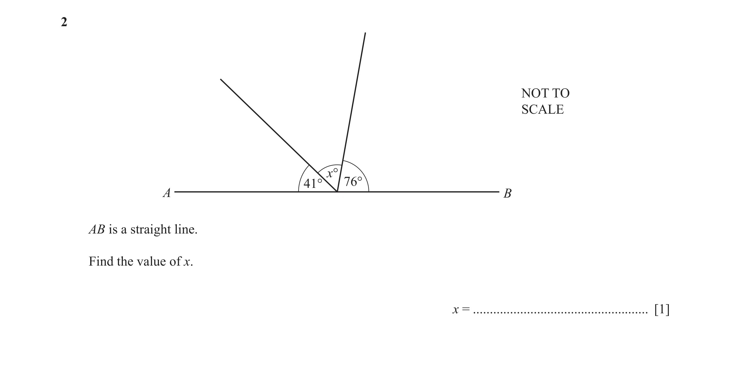 Question 4: NOT TO SCALE x° 41° 76° A B AB is a straight line. Find the value of x. x = .................................................... [1]