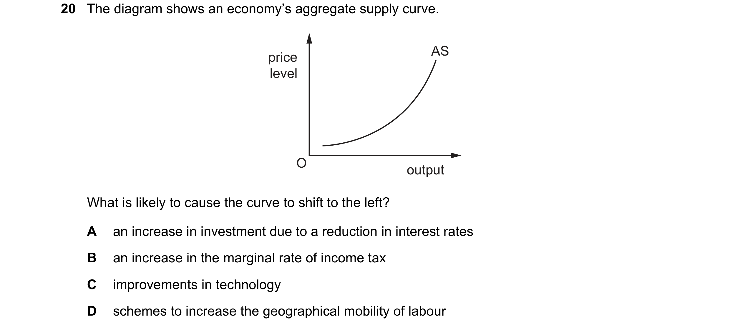 Question 53: The diagram shows an economy’s aggregate supply curve. price AS level O output What is likely to cause the curve to shift to the left? A an…