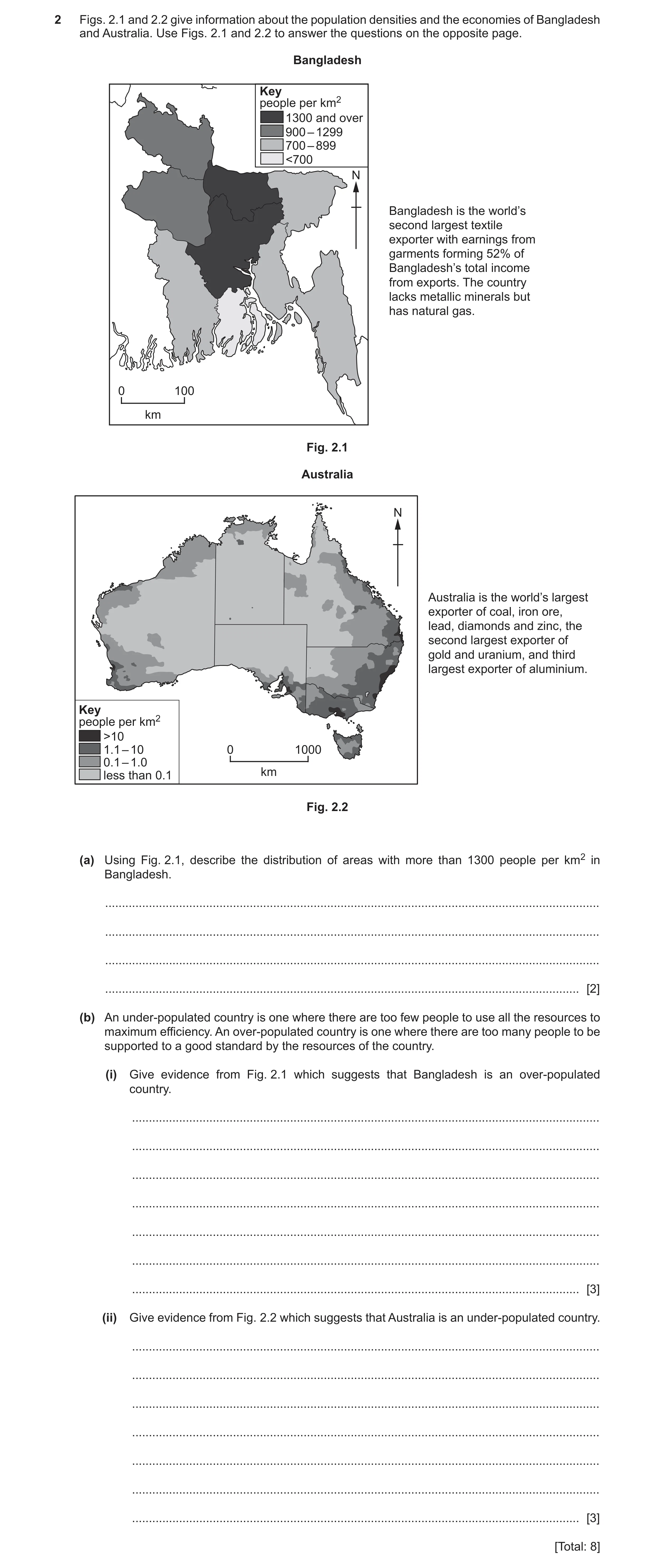 Question 14: Figs. 2.1 and 2.2 give information about the population densities and the economies of Bangladesh and Australia. Use Figs. 2.1 and 2.2 to a…