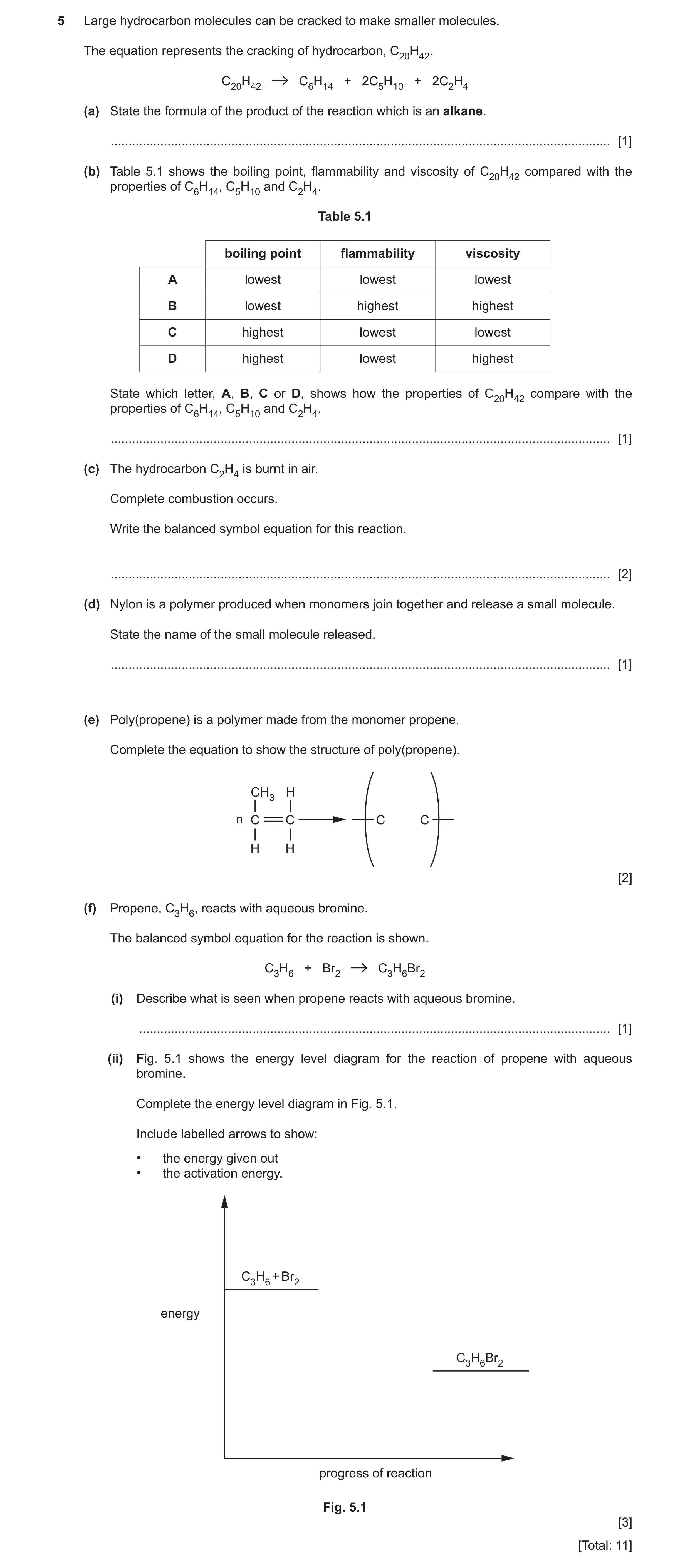 Question 9: Large hydrocarbon molecules can be cracked to make smaller molecules. The equation represents the cracking of hydrocarbon, C20H42. C20H42 C…