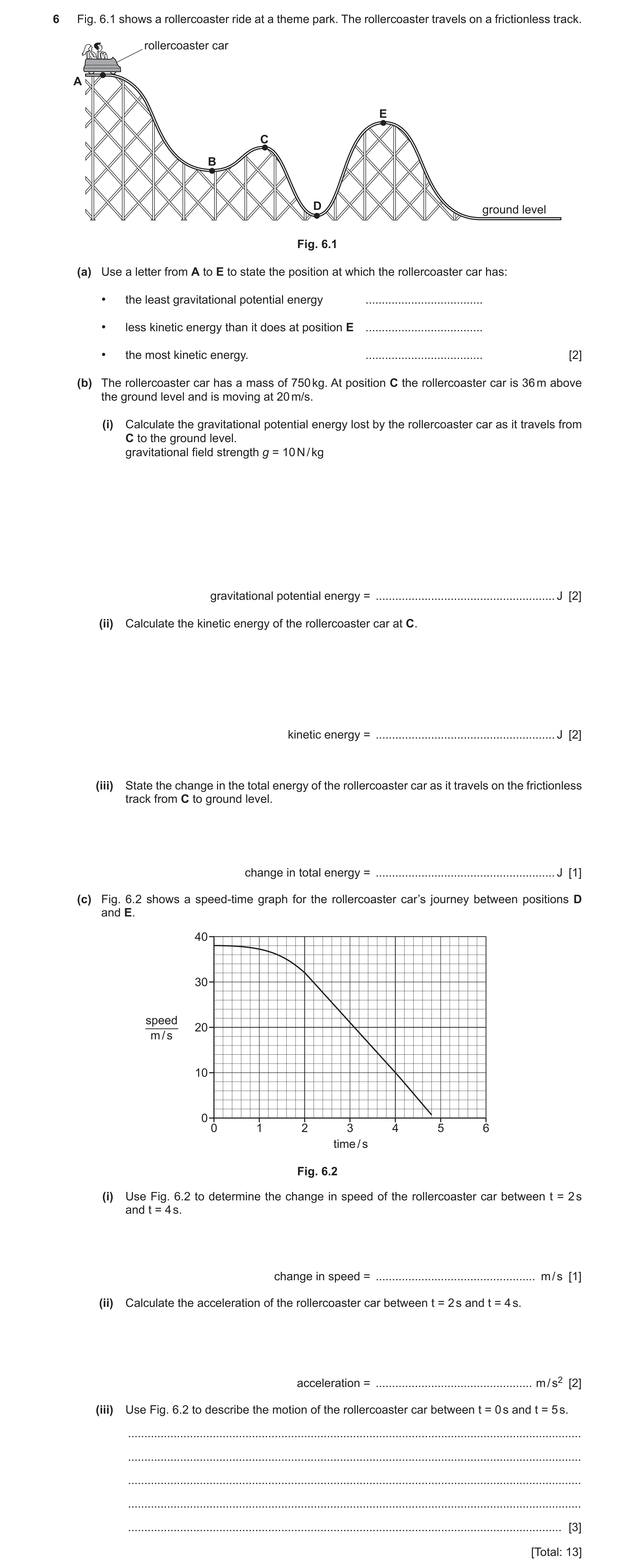 Question 24: Fig. 6.1 shows a rollercoaster ride at a theme park. The rollercoaster travels on a frictionless track. rollercoaster car A E C B D ground …