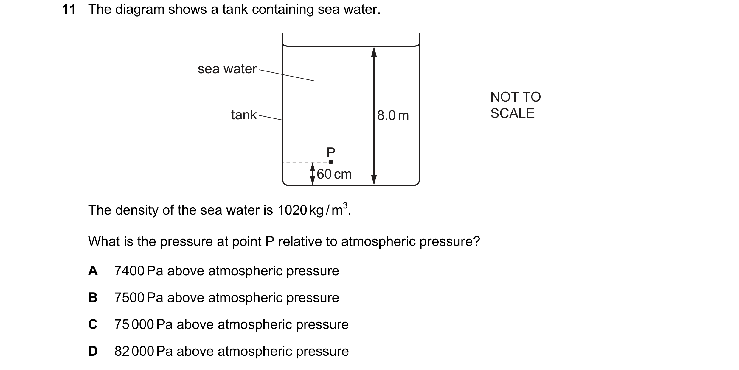 Question 57: The diagram shows a tank containing sea water. sea water NOT TO tank 8.0 m SCALE P 60 cm The density of the sea water is 1020 kg / m3. What…