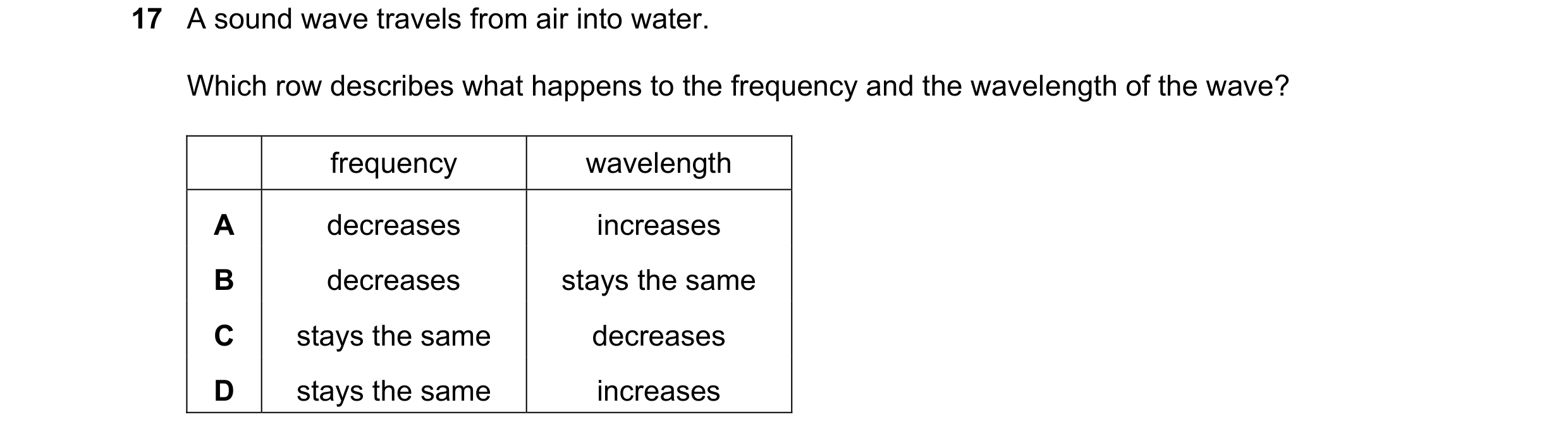 Question 72: A sound wave travels from air into water. Which row describes what happens to the frequency and the wavelength of the wave? frequency wavel…