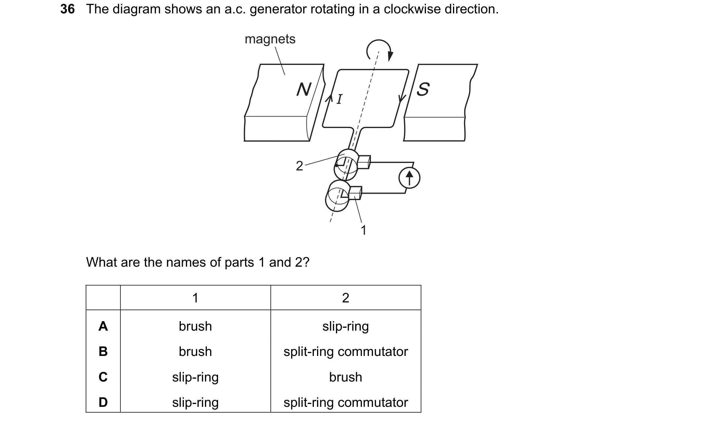 Question 126: The diagram shows an a.c. generator rotating in a clockwise direction. magnets N S I 2 1 What are the names of parts 1 and 2? 1 2 A brush s…