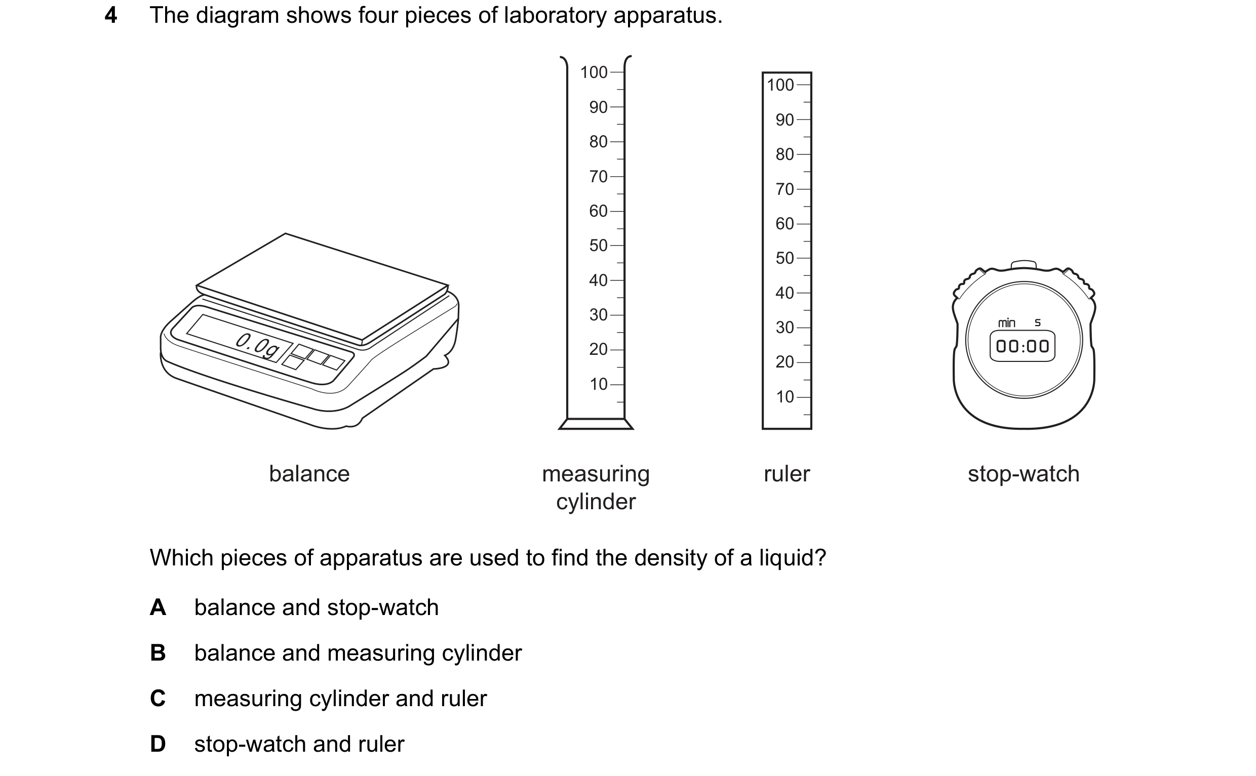 Question 56: The diagram shows four pieces of laboratory apparatus. 100 100 90 90 80 80 70 70 60 60 50 50 40 40 30 0.0g 30 20 20 10 10 balance measuring…