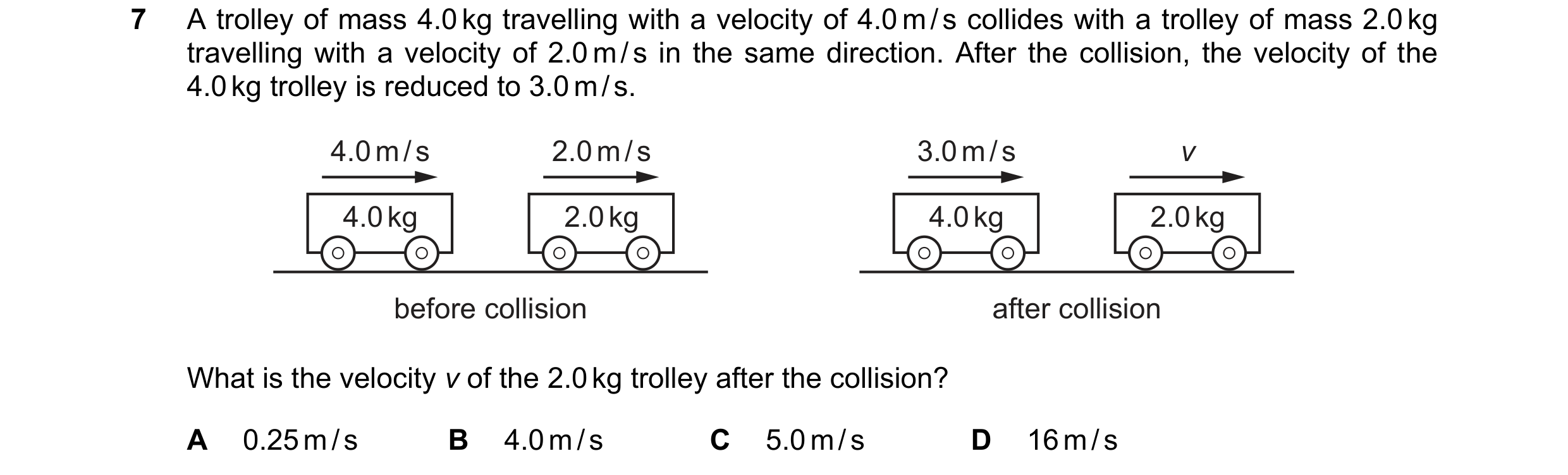 Question 55: A trolley of mass 4.0 kg travelling with a velocity of 4.0 m / s collides with a trolley of mass 2.0 kg travelling with a velocity of 2.0 m…