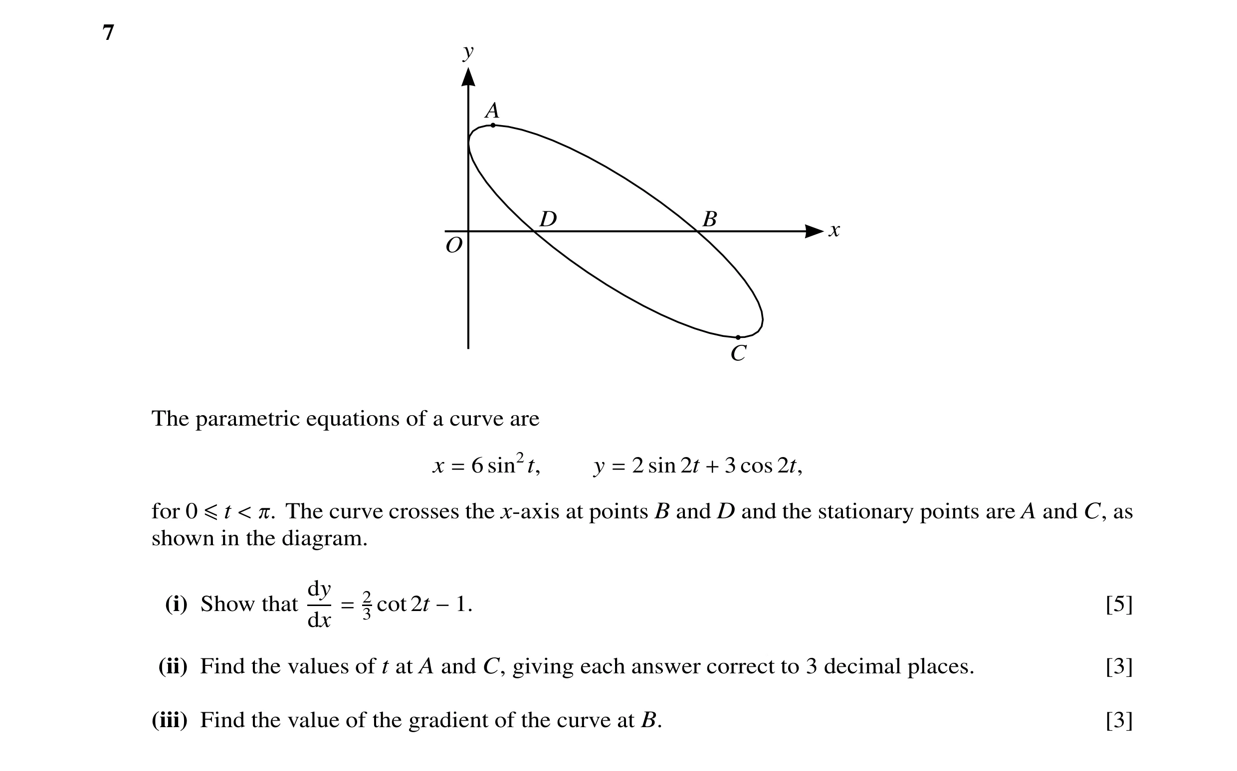 Question 45: y A D B x O C The parametric equations of a curve are x 6 sin2t, y 2 sin 2t 3 cos 2t, = = + for 0 The curve crosses the x-axis at points B …