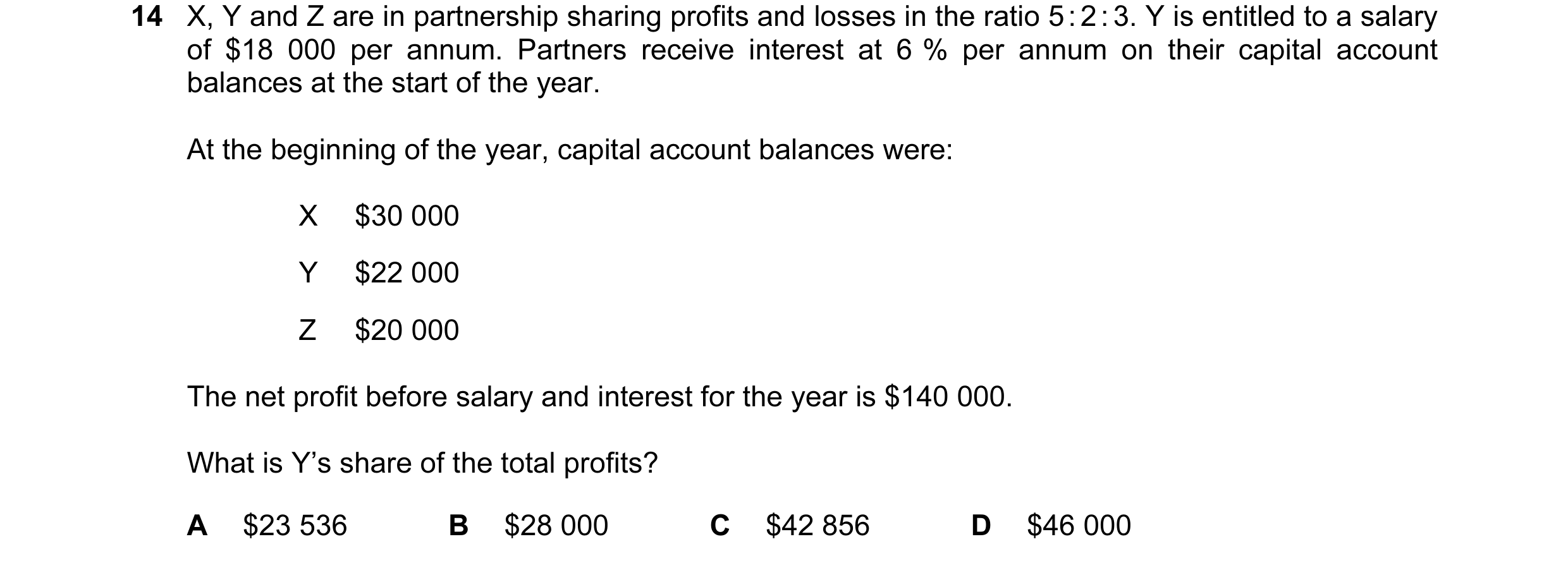 Question 131: X, Y and Z are in partnership sharing profits and losses in the ratio 5 : 2 : 3. Y is entitled to a salary of $18 000 per annum. Partners r…