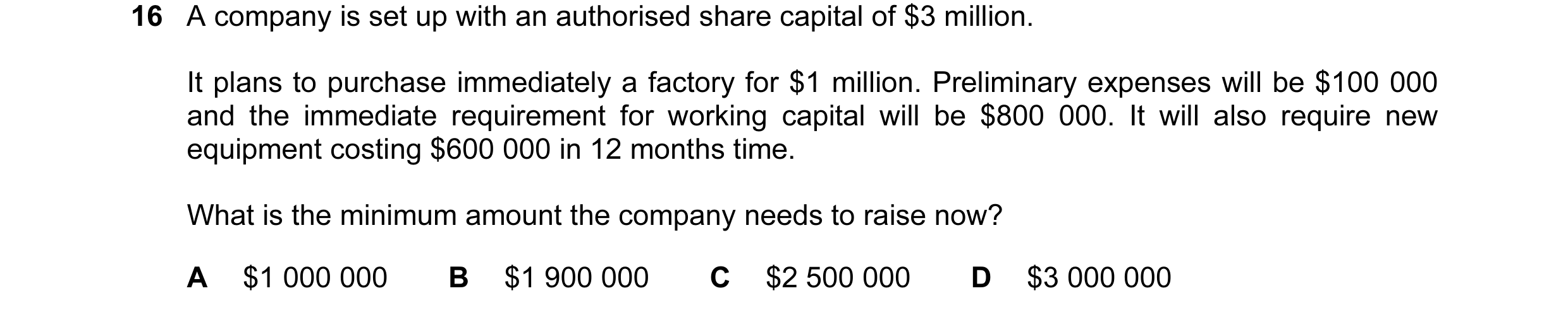 Question 133: A company is set up with an authorised share capital of $3 million. It plans to purchase immediately a factory for $1 million. Preliminary …