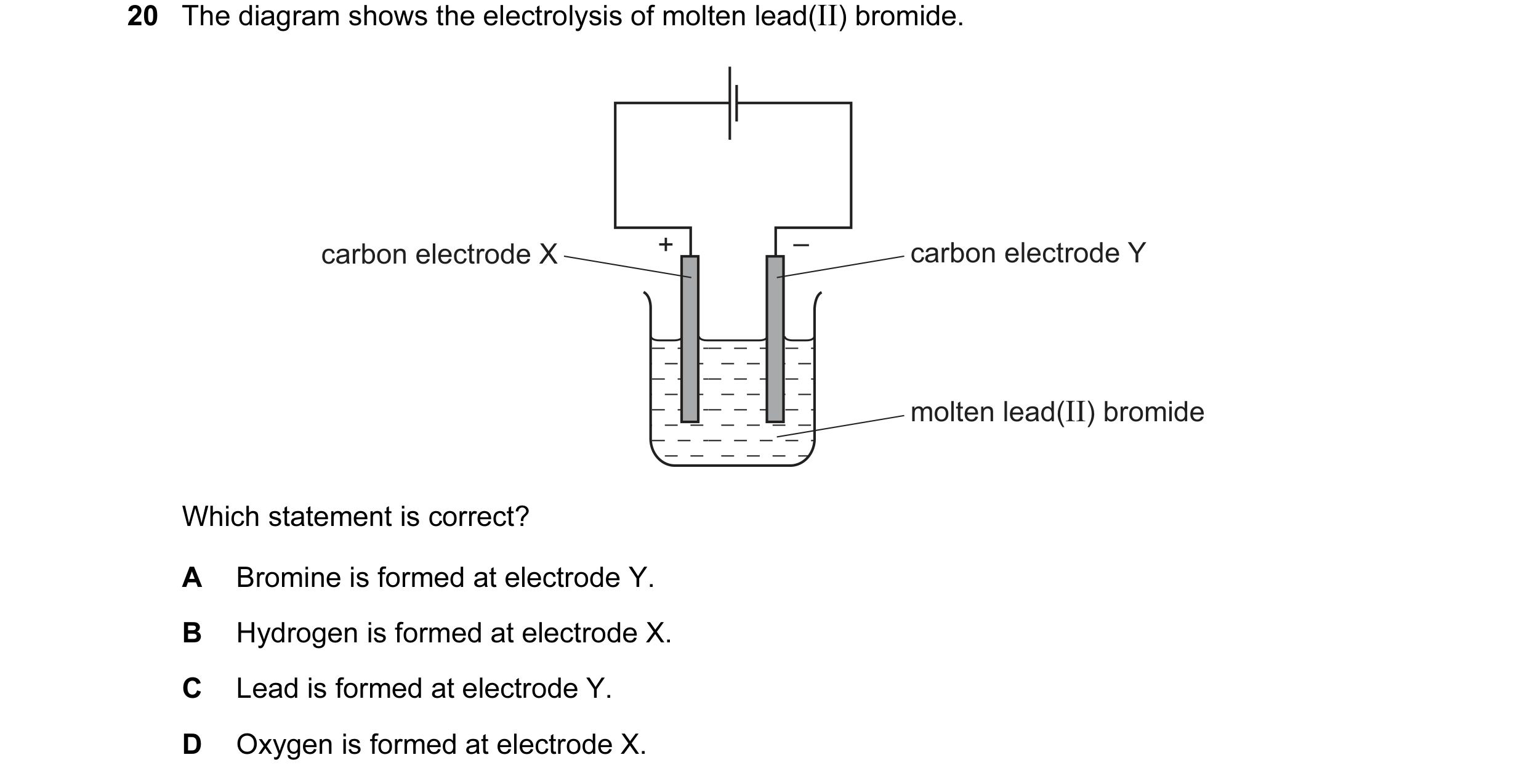 Question 36: The diagram shows the electrolysis of molten lead(II) bromide. carbon electrode X + – carbon electrode Y molten lead(II) bromide Which stat…