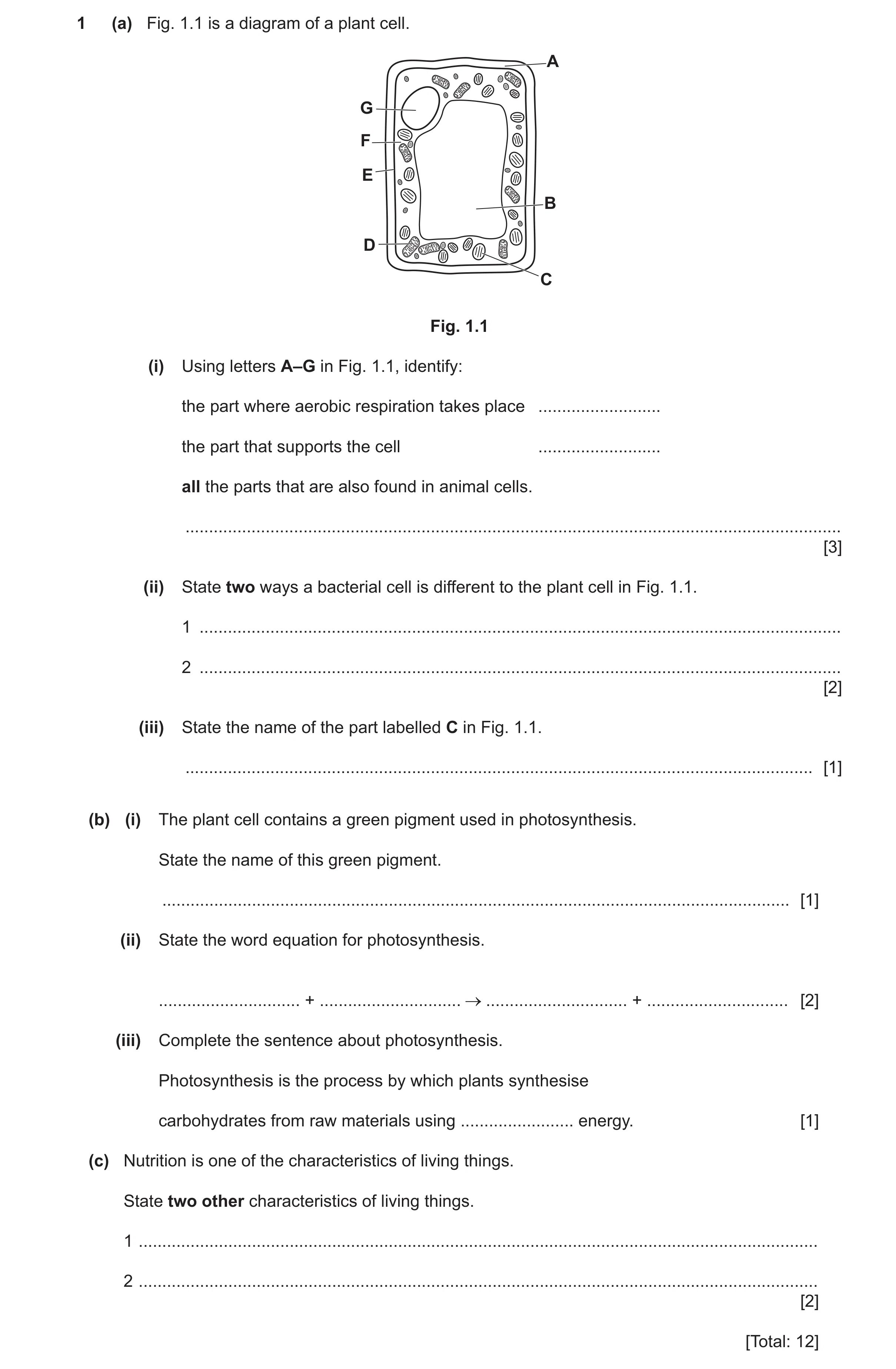 Question 23: (a) Fig. 1.1 is a diagram of a plant cell. A G F E B D C Fig. 1.1 (i) Using letters A–G in Fig. 1.1, identify: the part where aerobic respi…