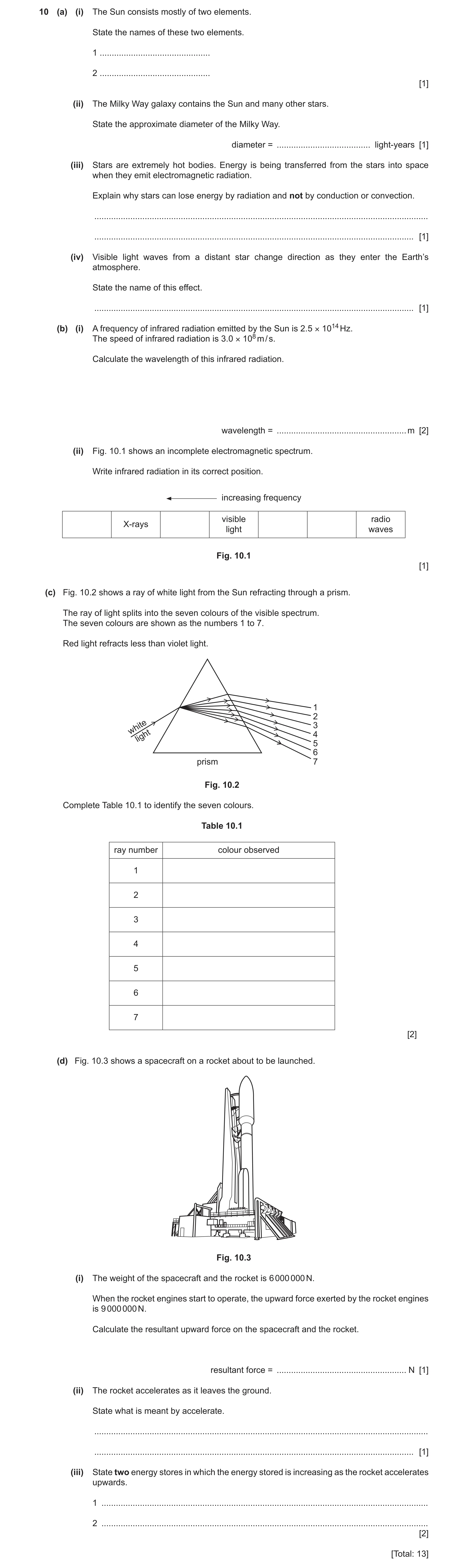 Question 43: (a) (i) The Sun consists mostly of two elements. State the names of these two elements. 1 .............................................. 2 …