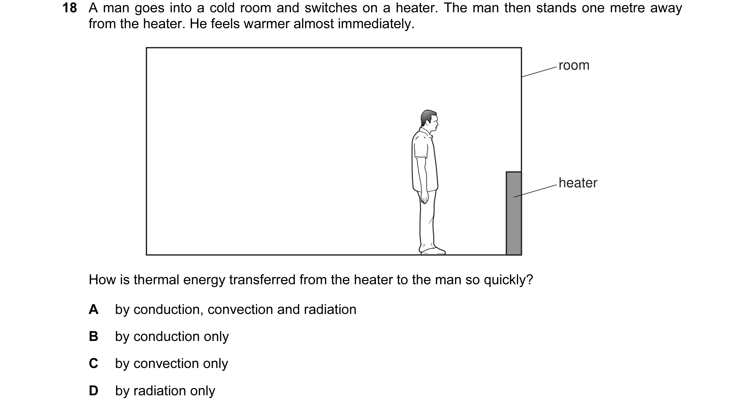 Question 52: A man goes into a cold room and switches on a heater. The man then stands one metre away from the heater. He feels warmer almost immediatel…