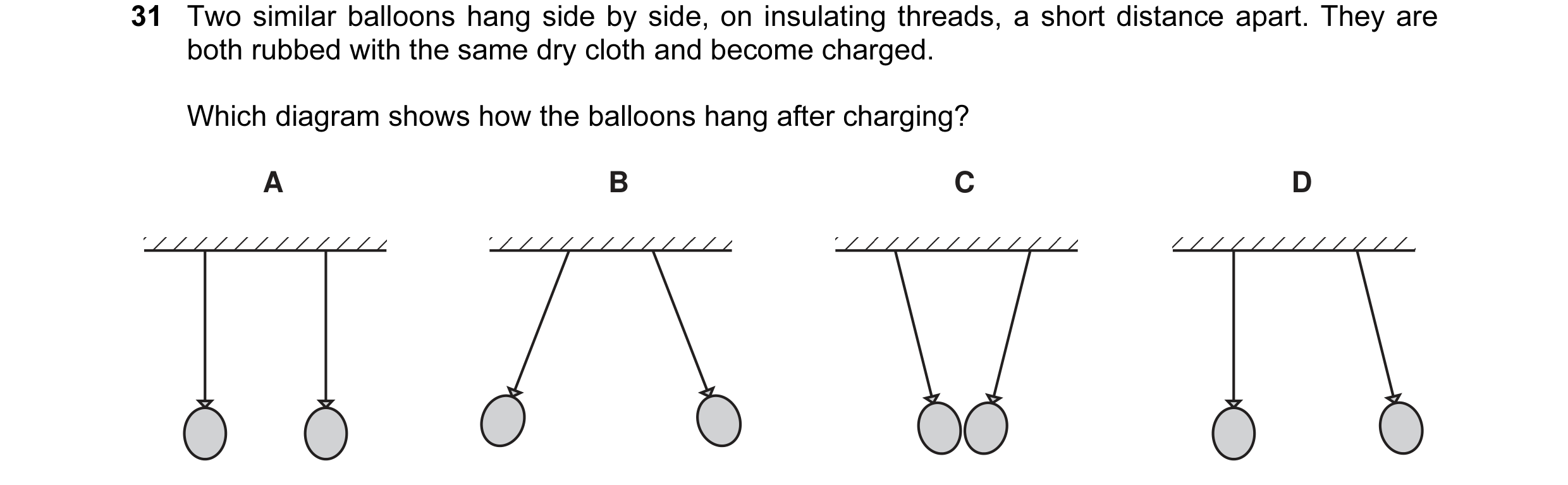 Question 116: Two similar balloons hang side by side, on insulating threads, a short distance apart. They are both rubbed with the same dry cloth and bec…