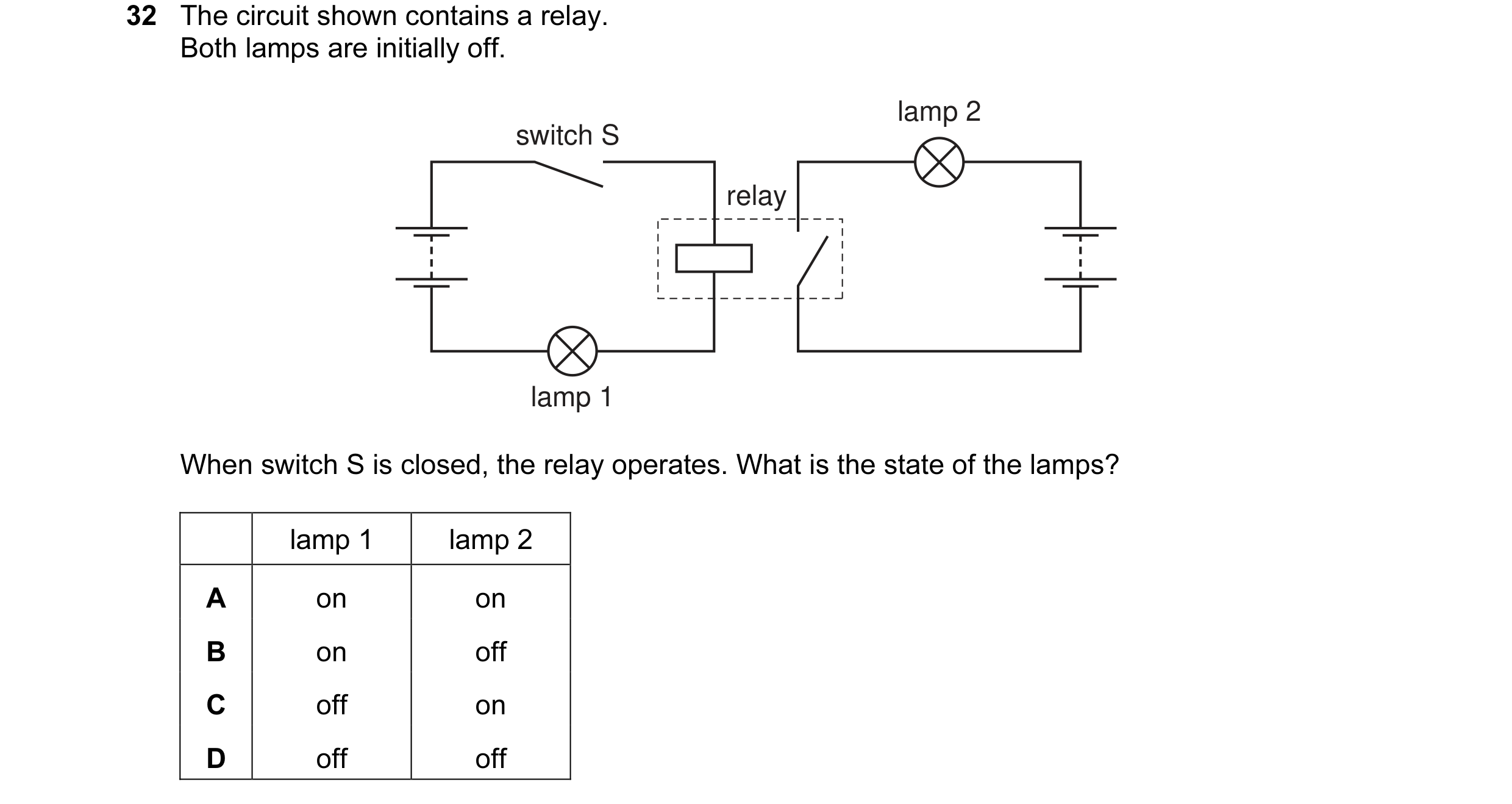 Question 81: The circuit shown contains a relay. Both lamps are initially off. lamp 2 switch S relay lamp 1 When switch S is closed, the relay operates.…