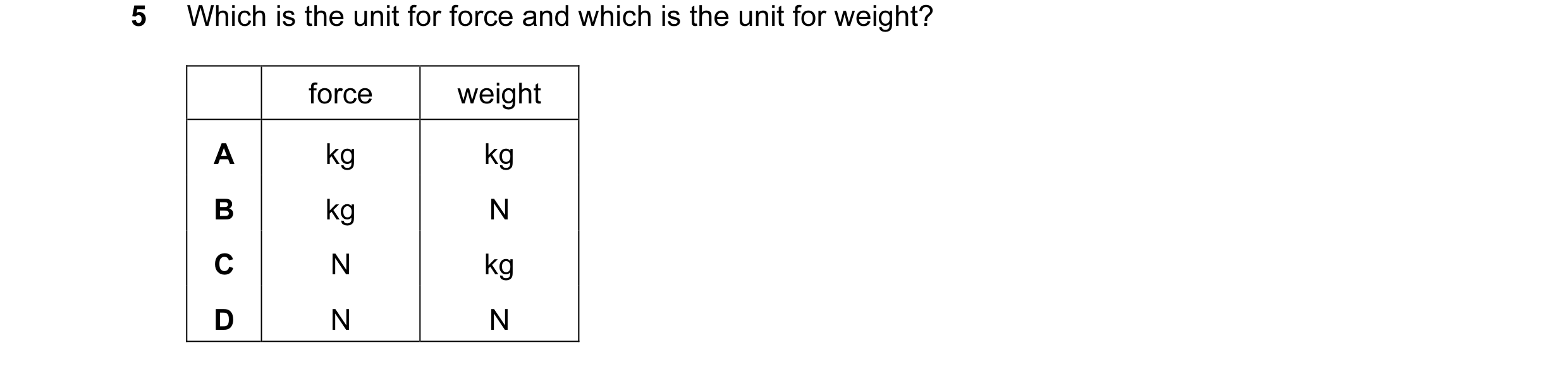 Question 78: Which is the unit for force and which is the unit for weight? force weight A kg kg B kg N C N kg D N N