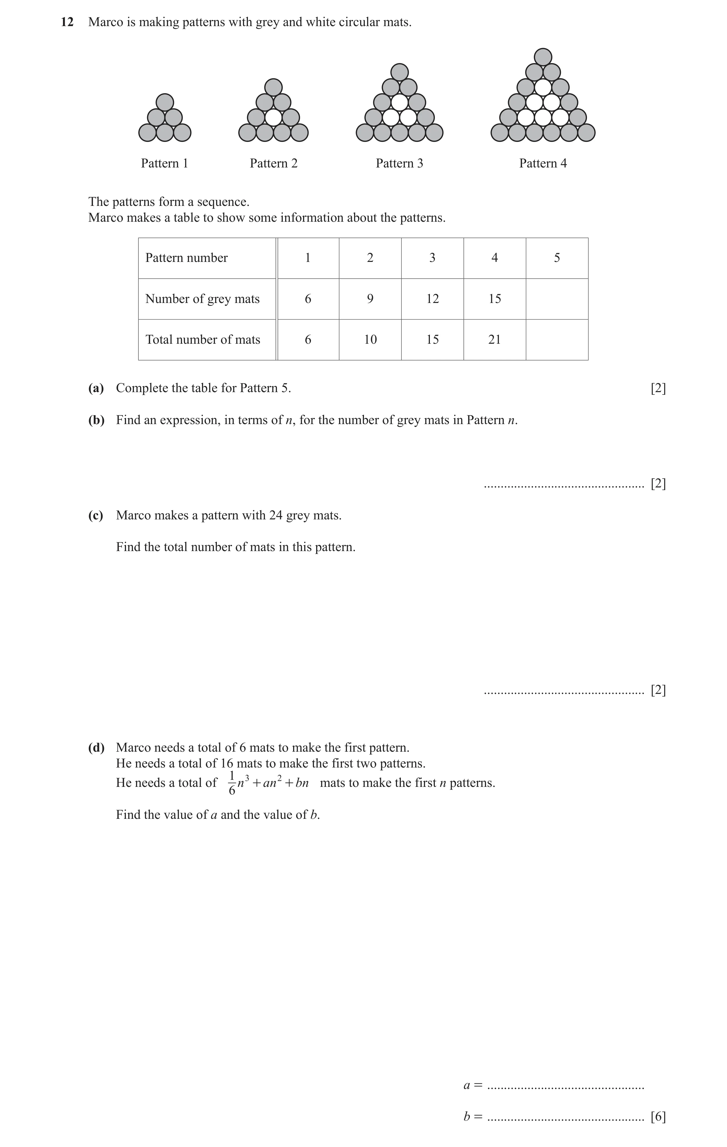 Question 5: Marco is making patterns with grey and white circular mats. Pattern 1 Pattern 2 Pattern 3 Pattern 4 The patterns form a sequence. Marco mak…