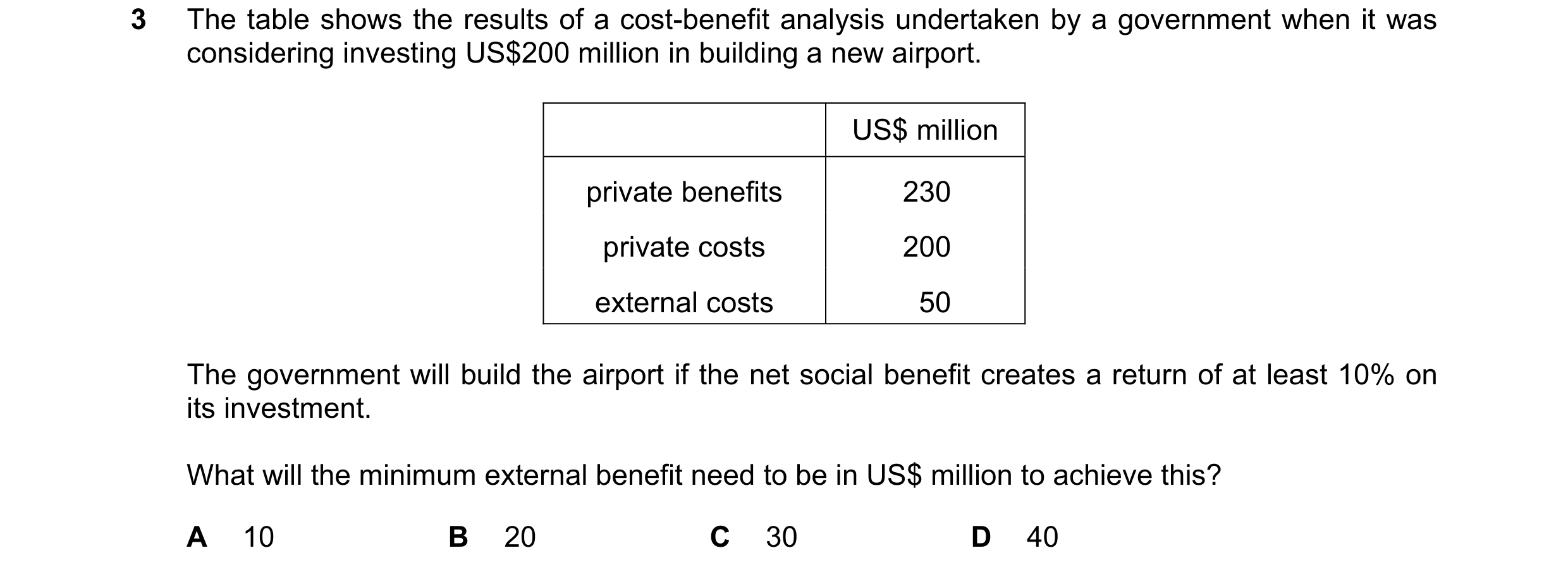Question 46: The table shows the results of a cost-benefit analysis undertaken by a government when it was considering investing US$200 million in build…