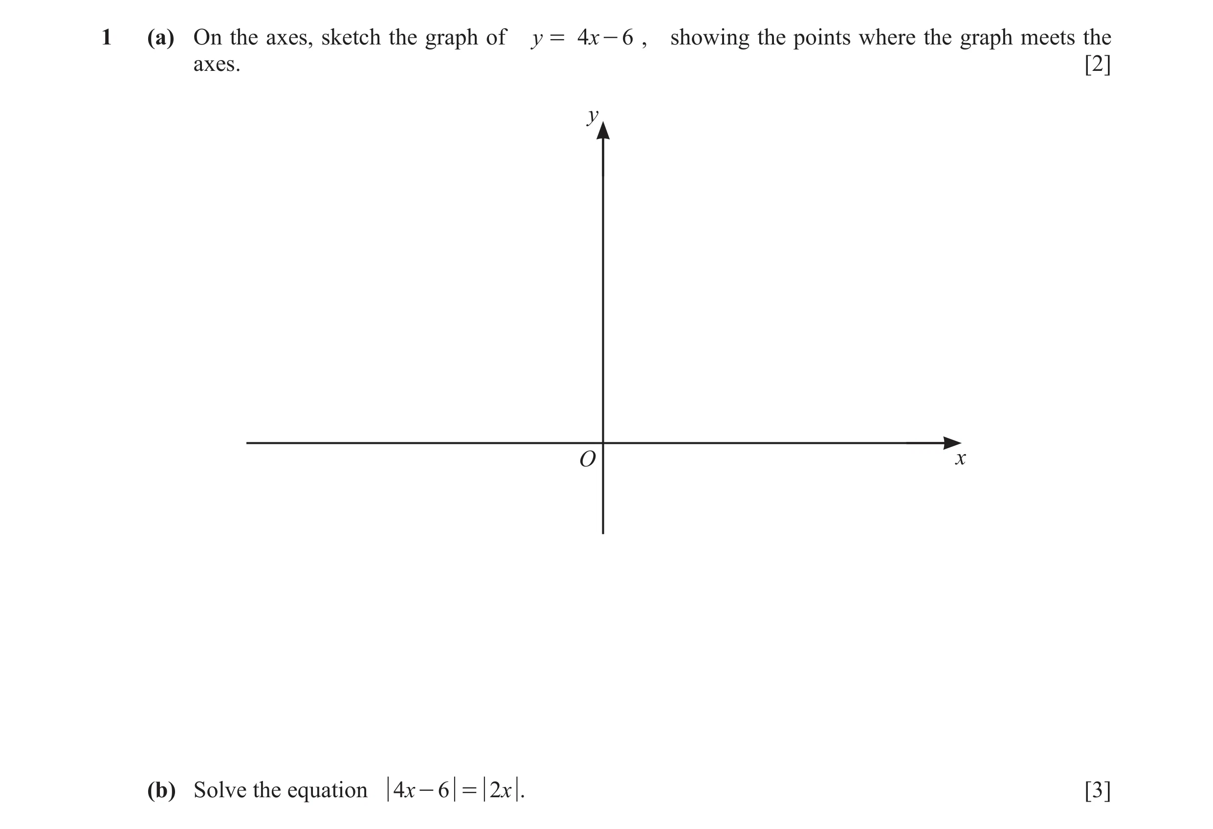 Question 17: (a) On the axes, sketch the graph of y = 4x - 6 , showing the points where the graph meets the axes. [2] y O x (b) Solve the equation 4x - …