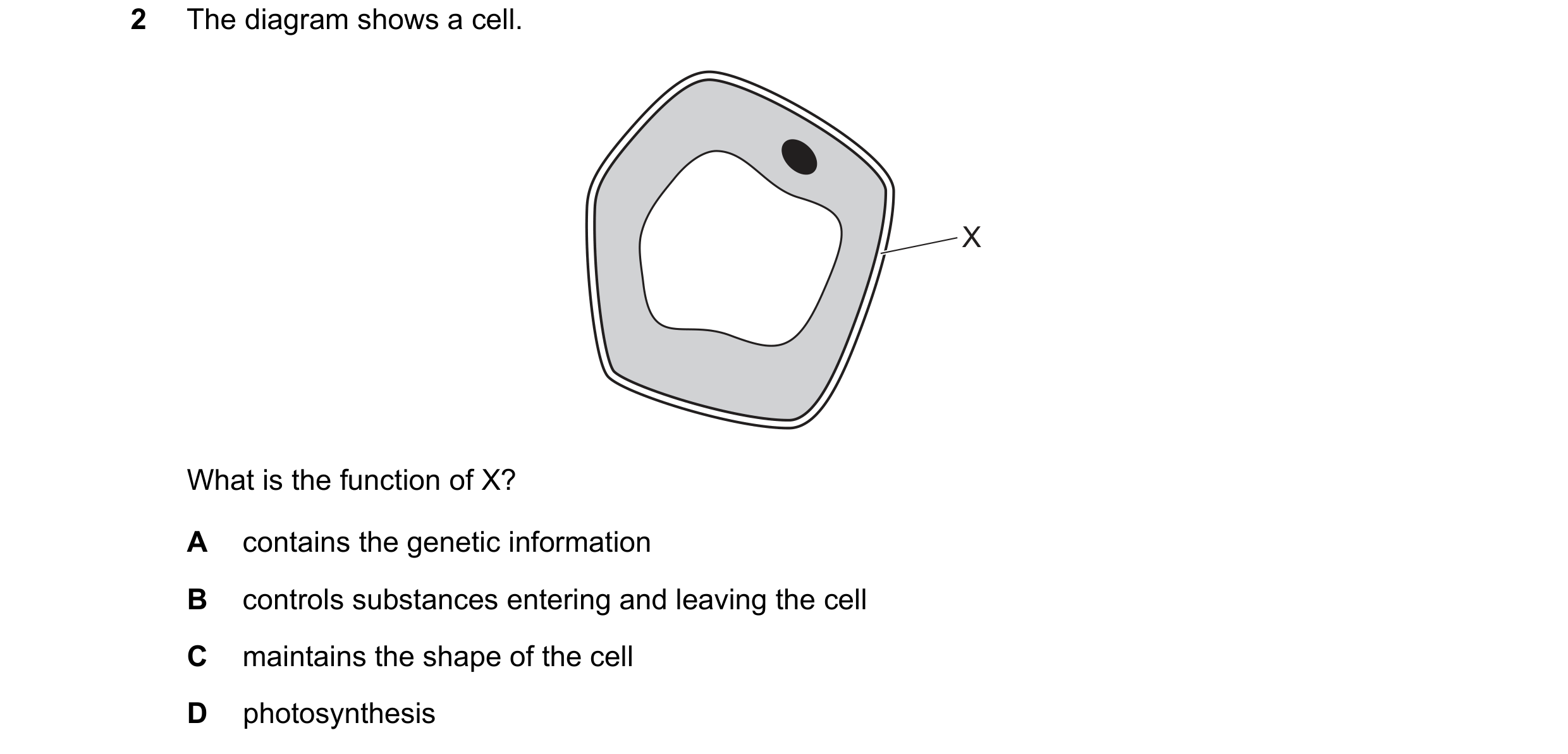 Question 62: The diagram shows a cell. X What is the function of X? A contains the genetic information B controls substances entering and leaving the ce…
