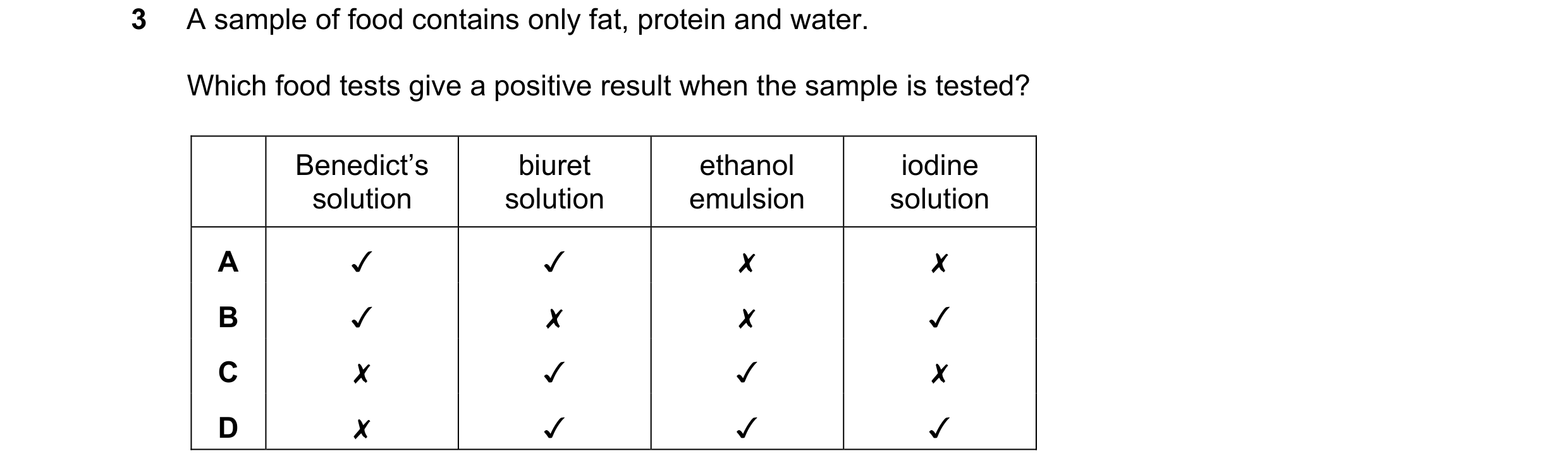 Question 48: Asample of food contains only fat, protein and water.
Which food tests give a positive result when the sample is tested?
Benedict's biure…
