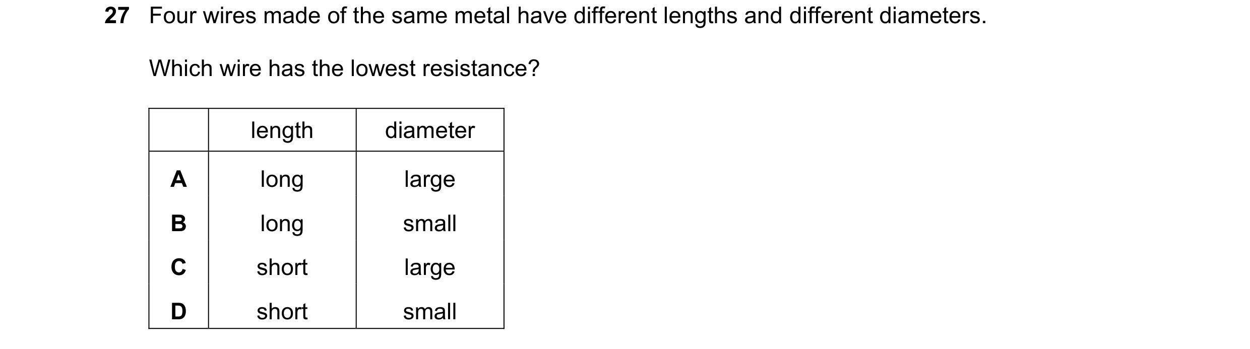 Question 299: Four wires made of the same metal have different lengths and different diameters. Which wire has the lowest resistance? length diameter A l…