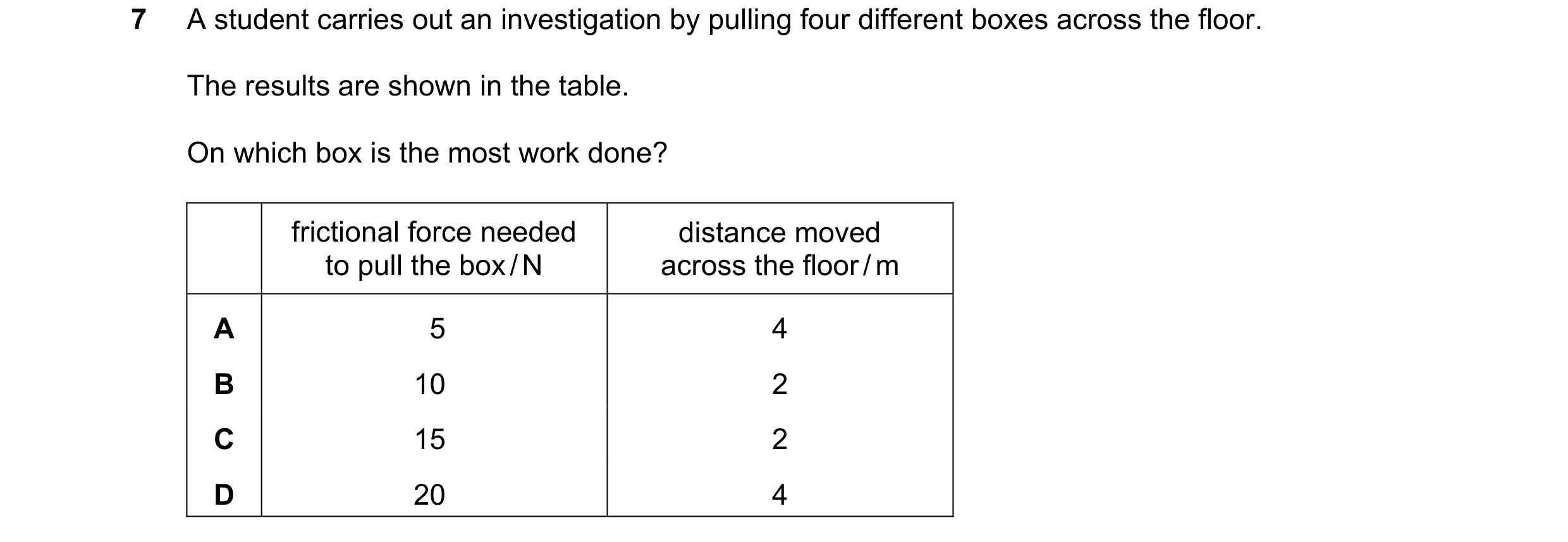 Question 243: A student carries out an investigation by pulling four different boxes across the floor. The results are shown in the table. On which box i…