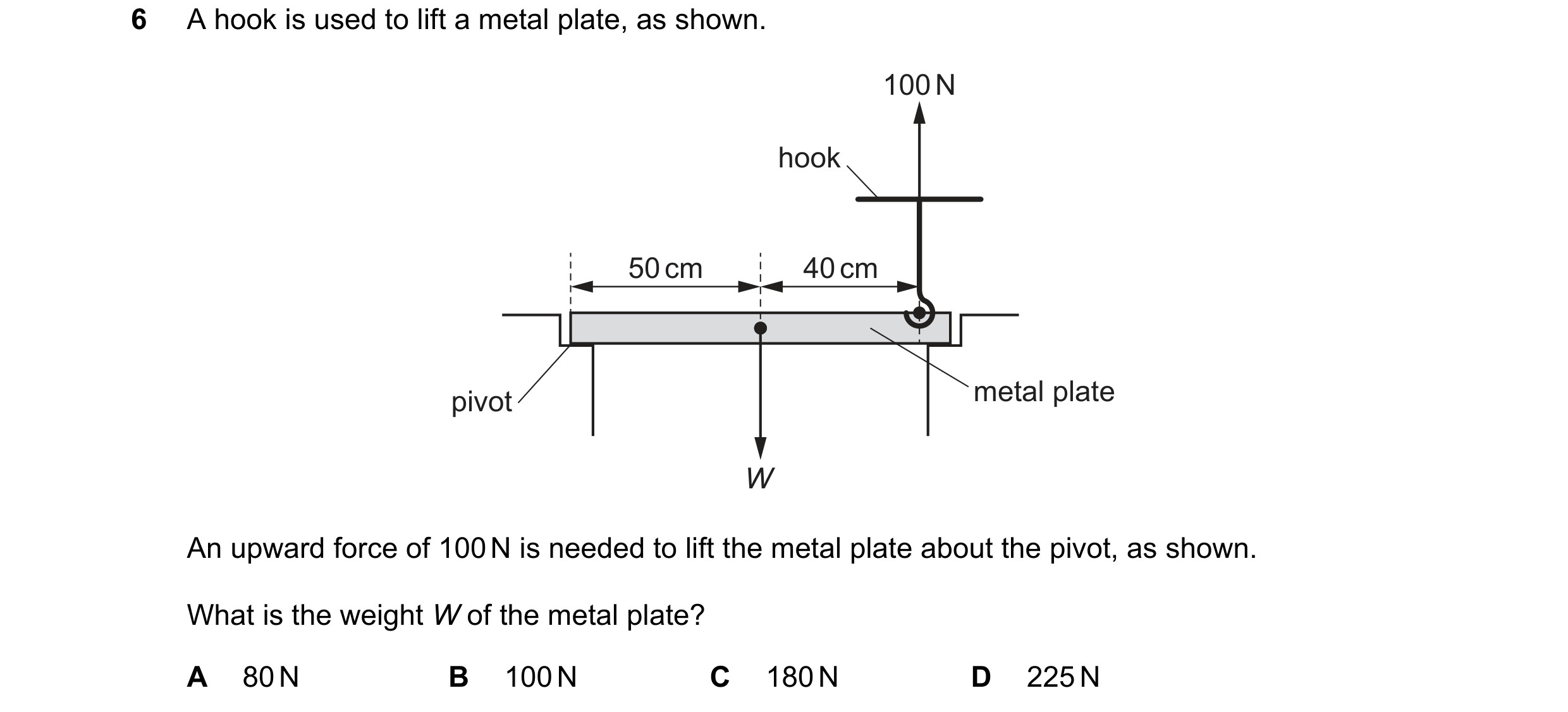 Question 101: A hook is used to lift a metal plate, as shown. 100 N hook 50 cm 40 cm pivot metal plate W An upward force of 100 N is needed to lift the m…